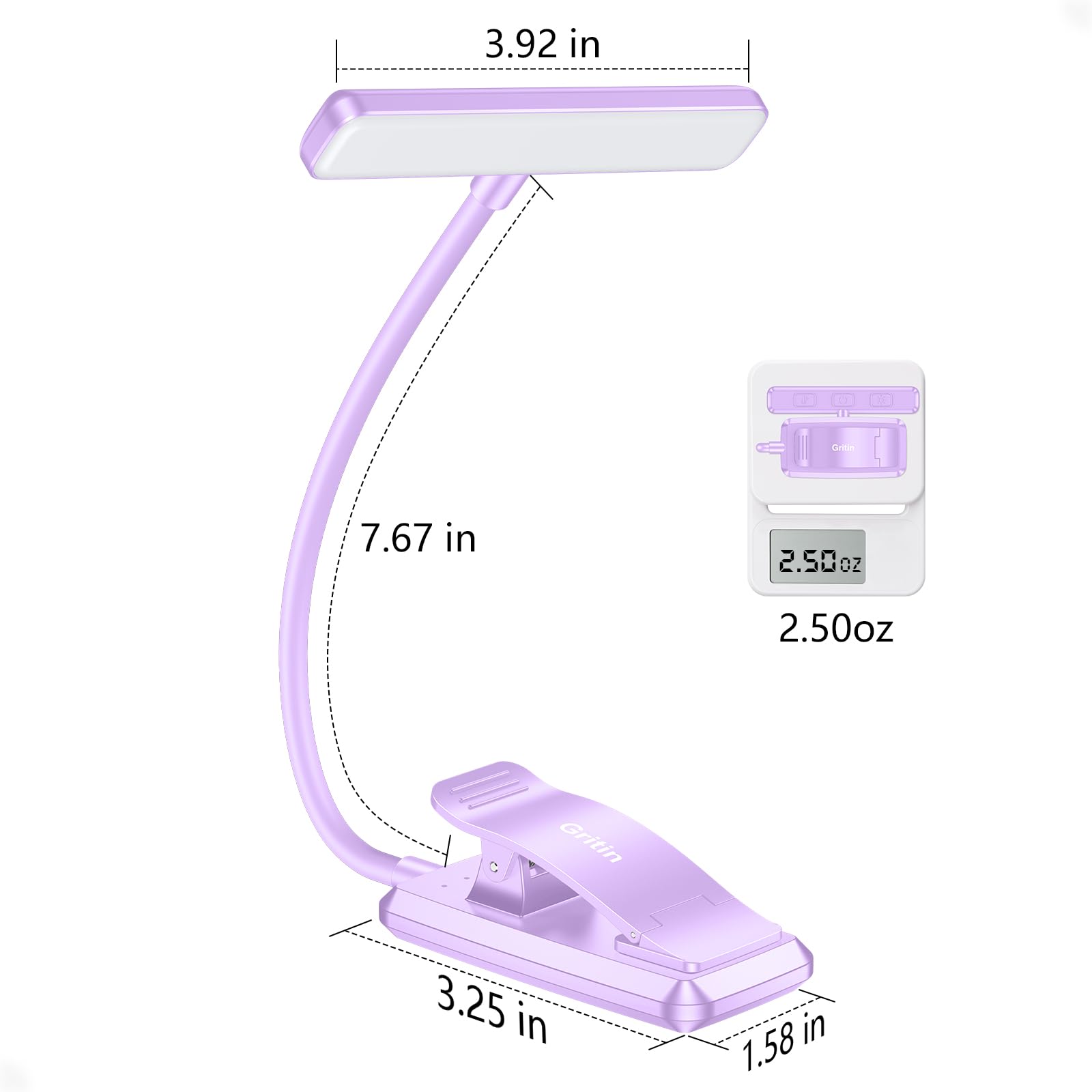 Gritin Rechargeable Book Light, 3 Color Temperatures, Stepless Dimming, 80 Hrs Runtime, 11.1 x 10 x 3.8 cm, Purple,