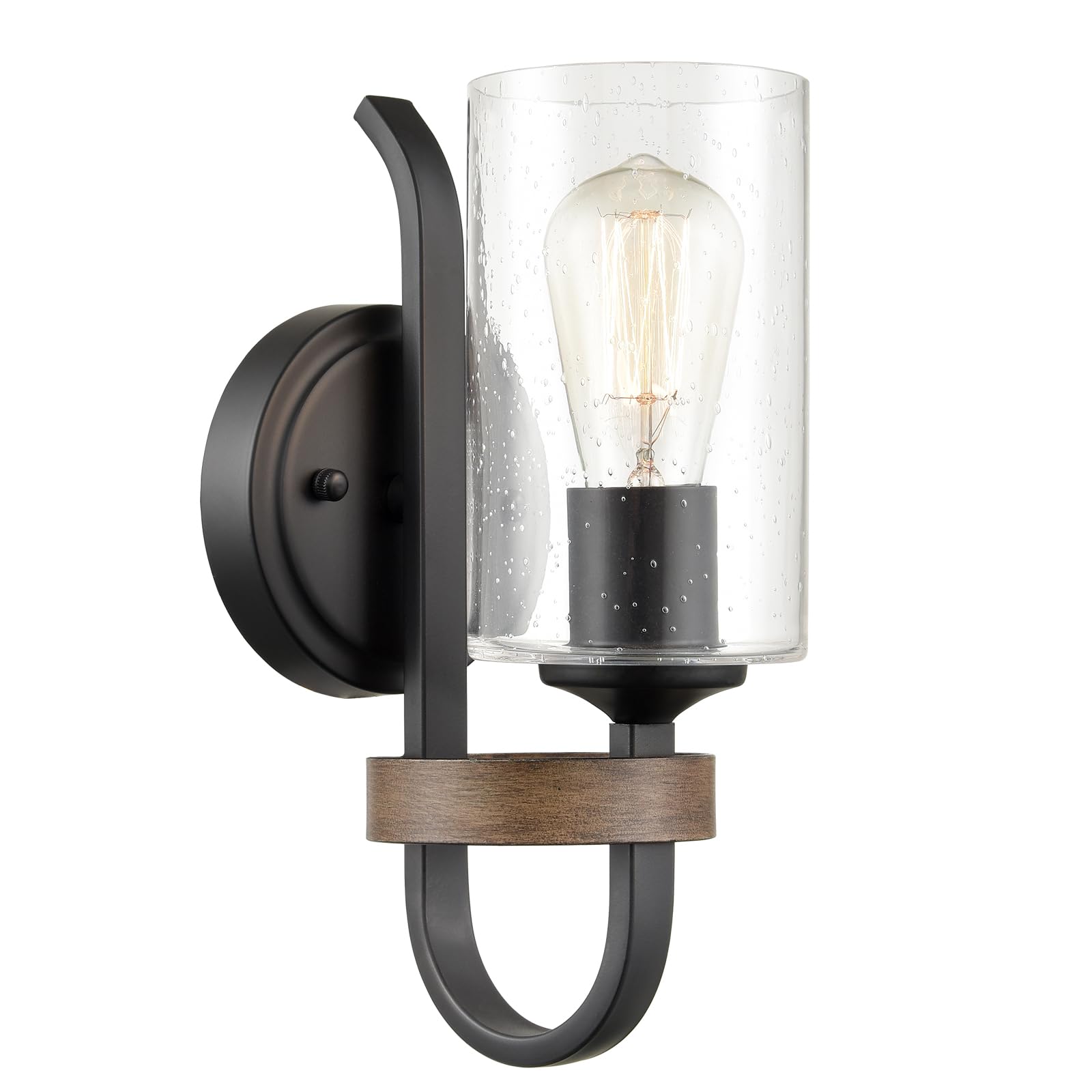 HYDELITE Industrial Seeded Cylindrical Glass Black Wall Sconce | Farmhouse Black & Wood Grain Finish Accented Bathroom Wall Ligh