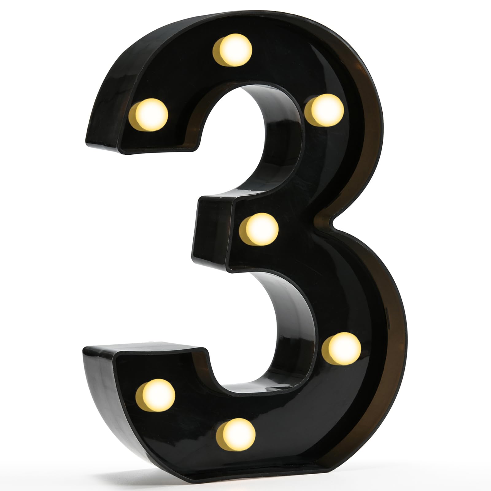 Pooqla Decorative Led Light Up Number Letters, Black Plastic Marquee Number Lights Sign for 3th 13th Birthday Party Wedding Decor Battery Operated Black Number 3