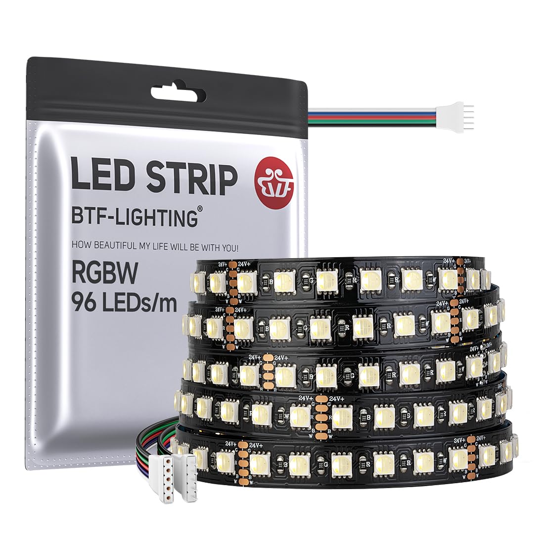 BTF-LIGHTING 5050 RGBW RGB+Warm White(2700K-3000K) 4 Colors in 1 LED 5m 16.4ft 96LED/m DC24V Multi-Colored LED Tape Lights IP30 