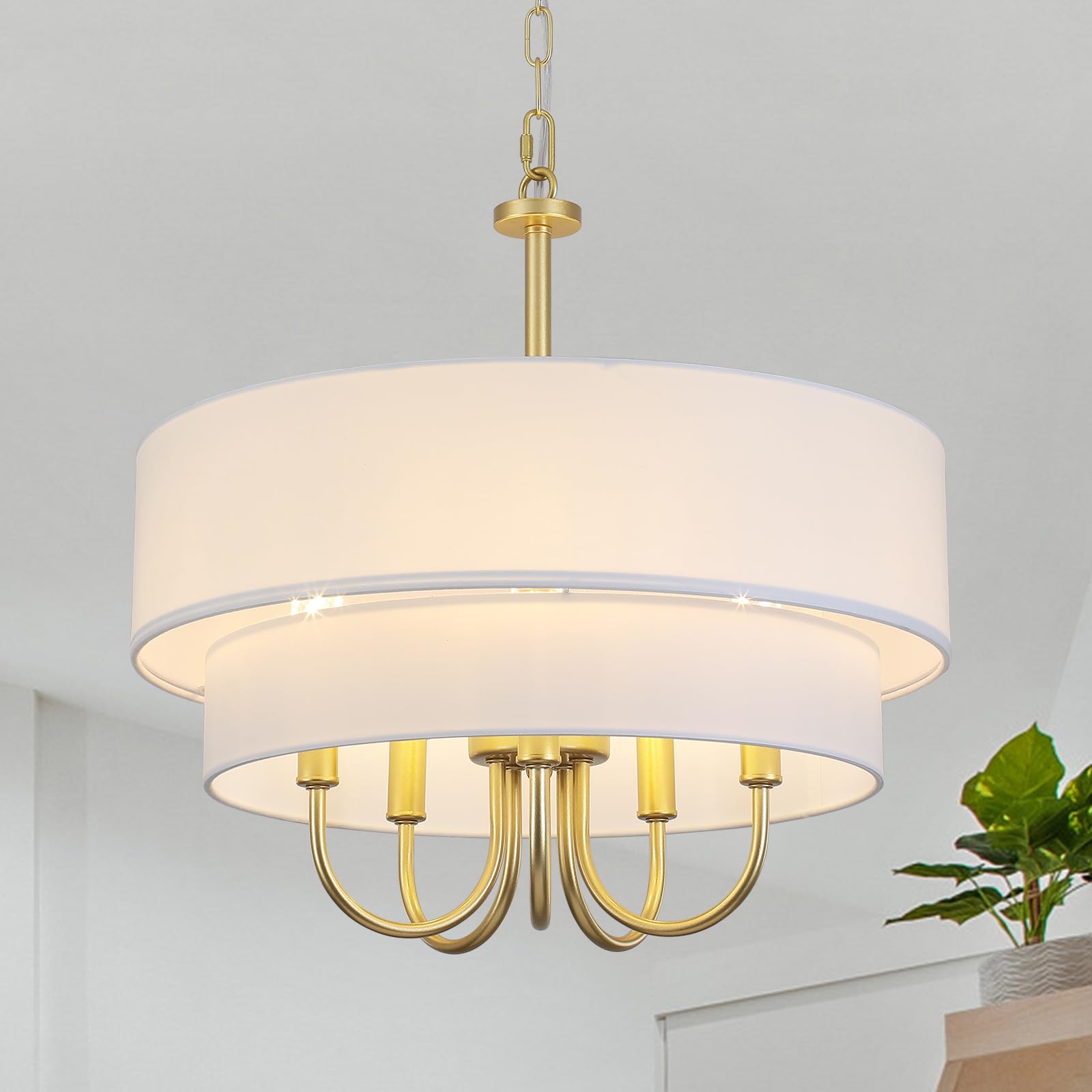 Gold Farmhouse Chandelier 5 Lights Drum Chandeliers With White Fabric Shades Dining Room Light Fixtures Over Table Brass Pendant