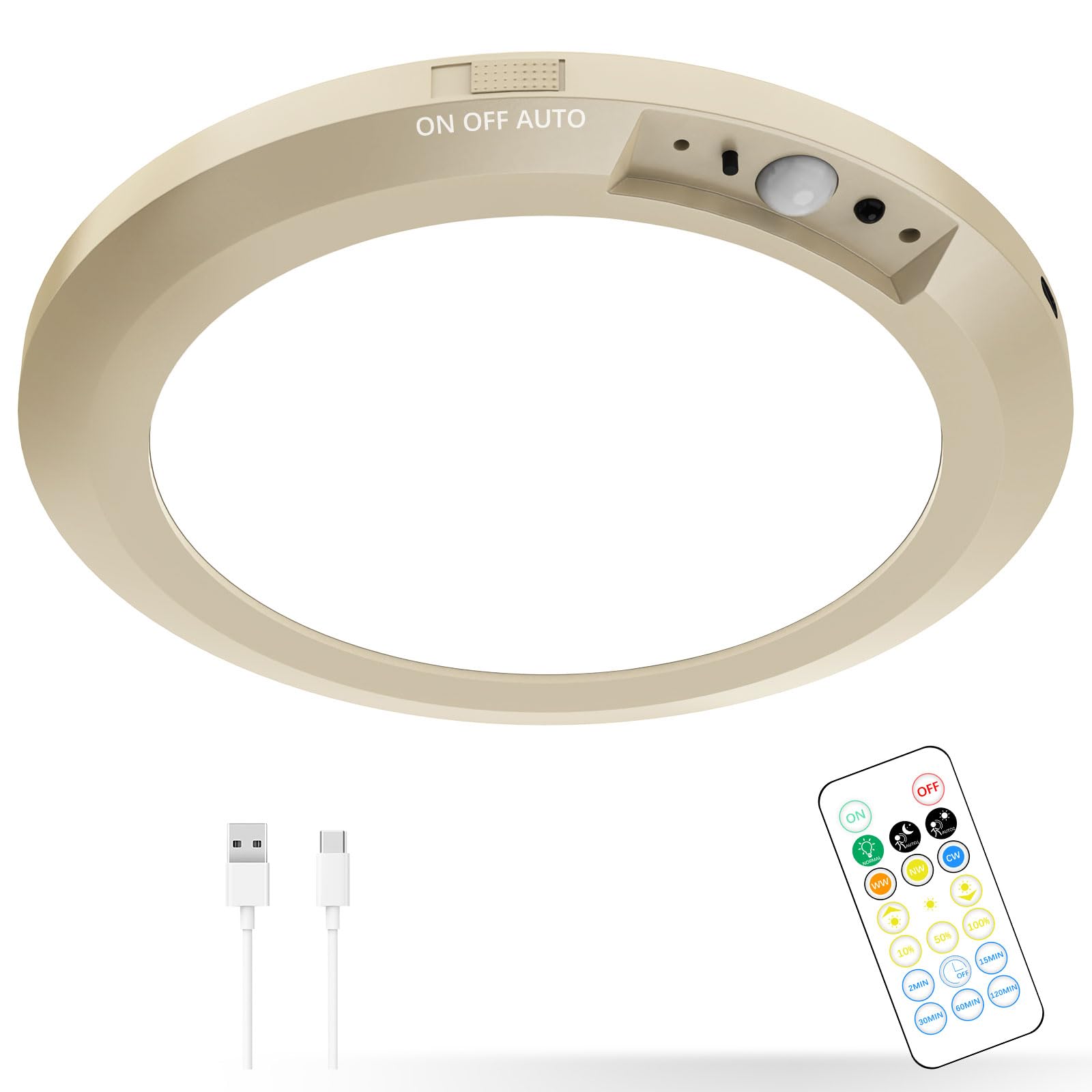 Koopala Battery Operated LED Ceiling Light Fixture with Motion Sensor, 3 Colors/Brightness, Gold, Model KP-DY102-G-US