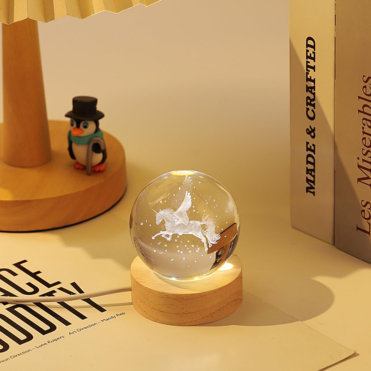 Hochance 3D Pegasus Crystal Ball Lamp With Adjustable Brightness Led Wooden Base Night Light For Kids Teens mature-themeds Birthday Gift Home Desk Office Bedroom Decor (6Cm / 2.4 )
