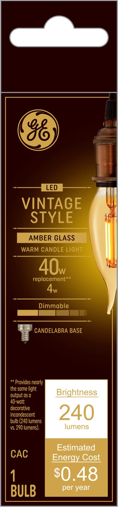 Ge Lighting Vintage Style Led Light Bulbs  40 Watt Eqv  Amber Glass  Warm Candle Light  Decorative Bulb  Small Base