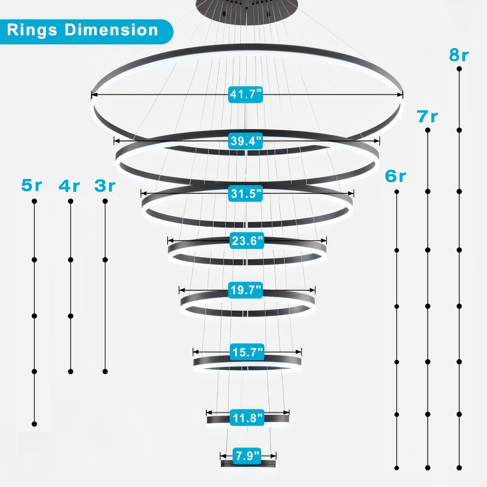 Embring Led Chandelier,4 Ring Chandelier Modern Led Pendant Light,Dimmable Black Modern Chandelier For Dining Room,Luxury High Ceiling Chandelier For Entryway,D31.5 Large Staircase Chandelier