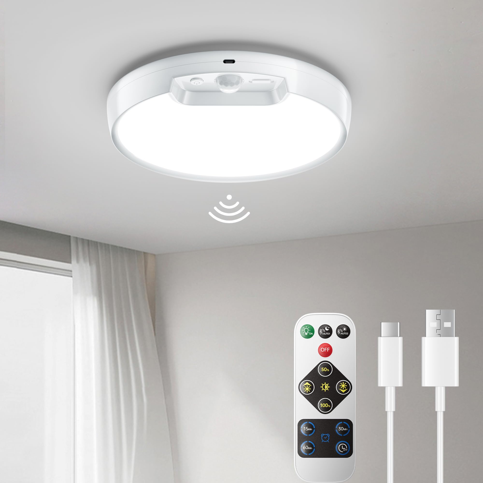 Homelist Newly Upgraded Rechargeable Ceiling Light - Battery-Operated Motion Sensor Light With Remote For Closet, Stairs, Shower