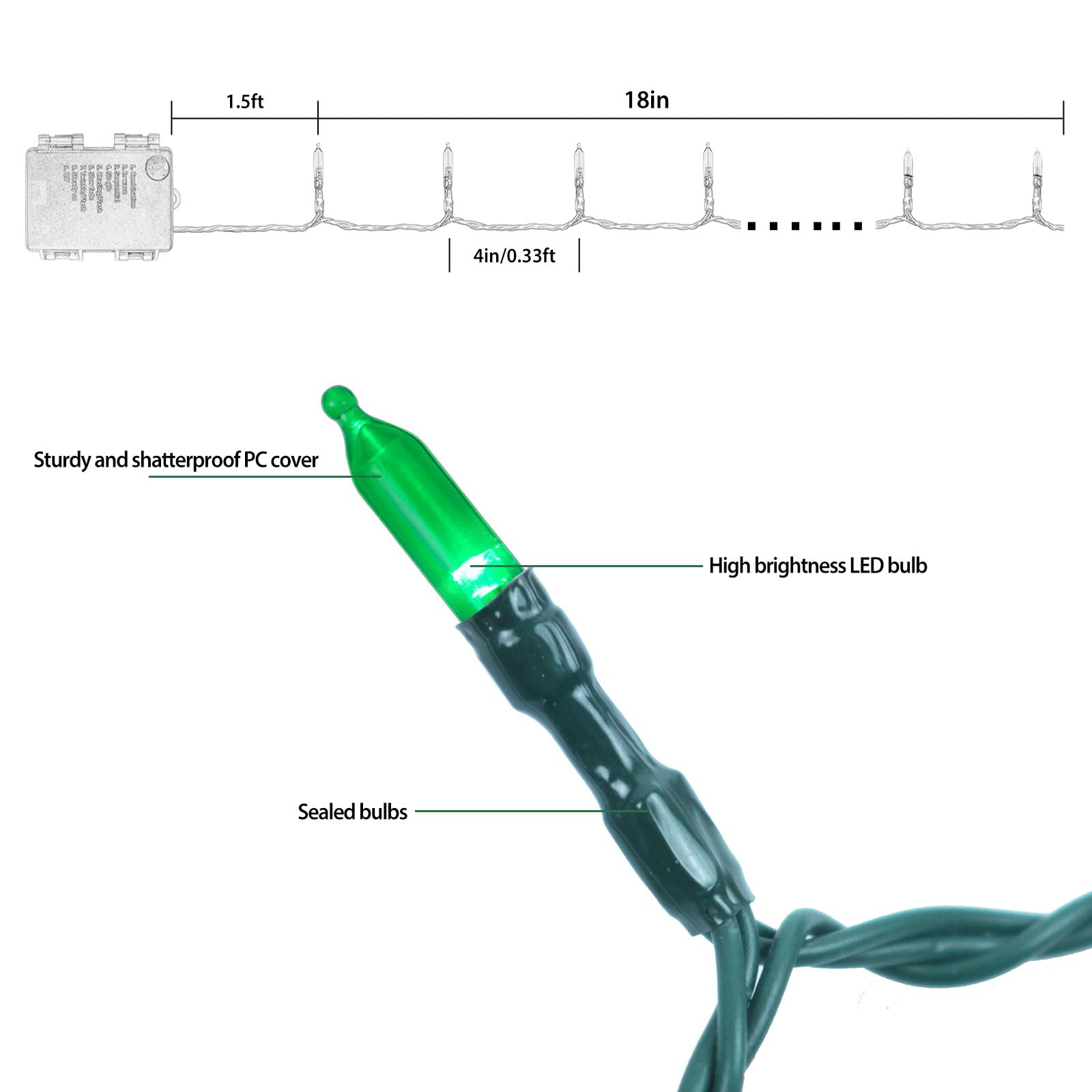 Filltown 2PC Battery Operated Christmas Lights, 33Ft 100 LED, Multicolor, Green Wire, Remote Control, Auto Timer, 8 Modes