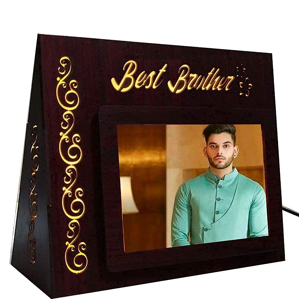 Wood Gift Jaipur Personalised Best Brother Photo Led Lamp Frame - Perfect Birthday Rakhi Gift For Bhai, Pack of 1 (Brown)