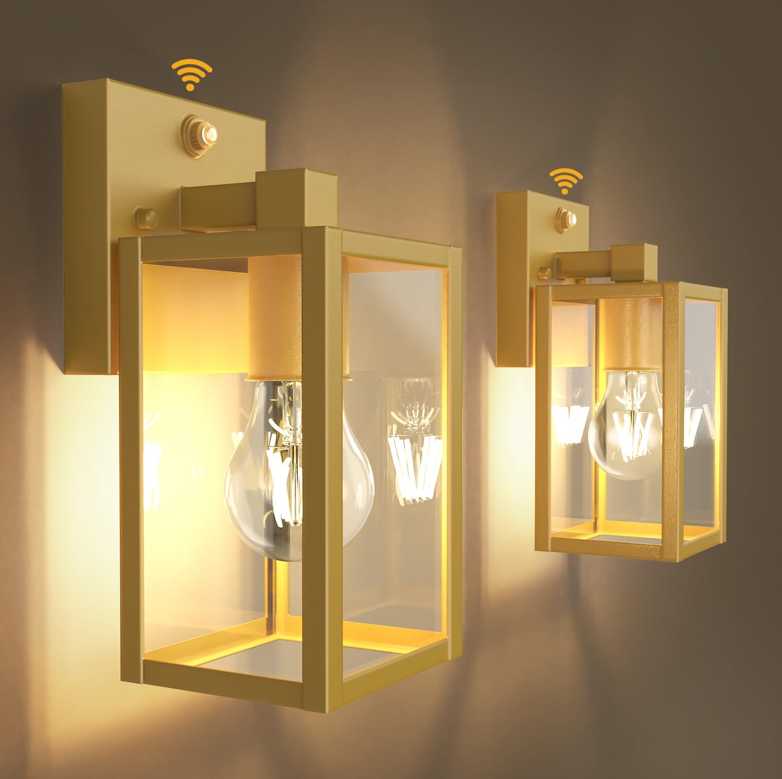 PARTPHONER Dusk to Dawn Outdoor Light Fixtures, 2-Pack, Waterproof Metal Wall Lanterns, 9.65 in, Gold, Model WTWL181AB2