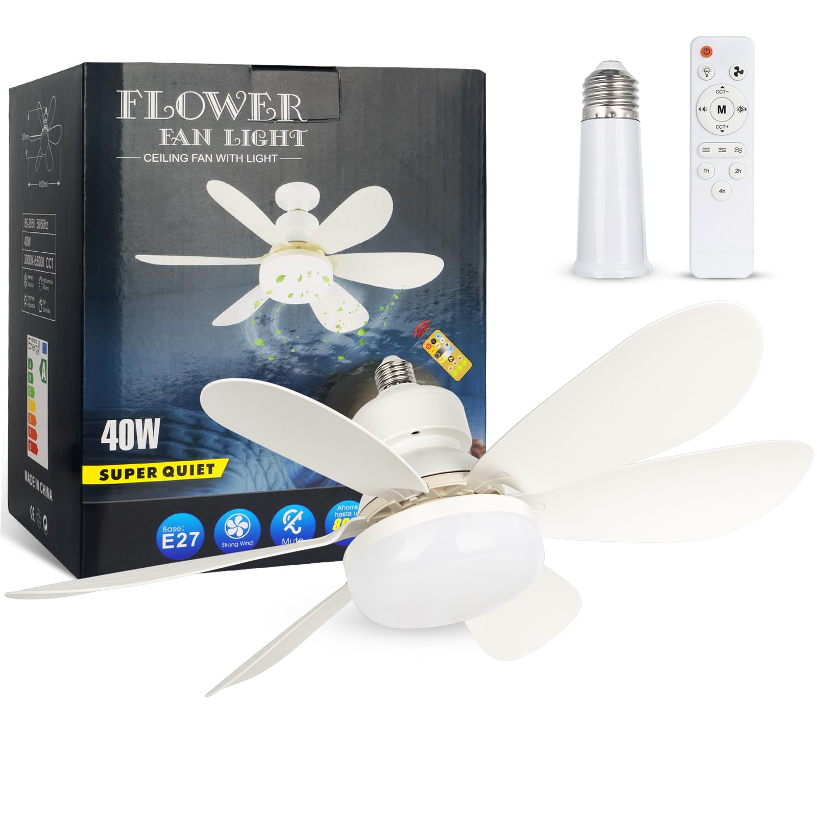 We Charger Socket Fan Light, 20.5IN Light Bulb Fan with Remote Dimmable, Screw in Fan and Light Combo for Garage Kitchen Bedroom
