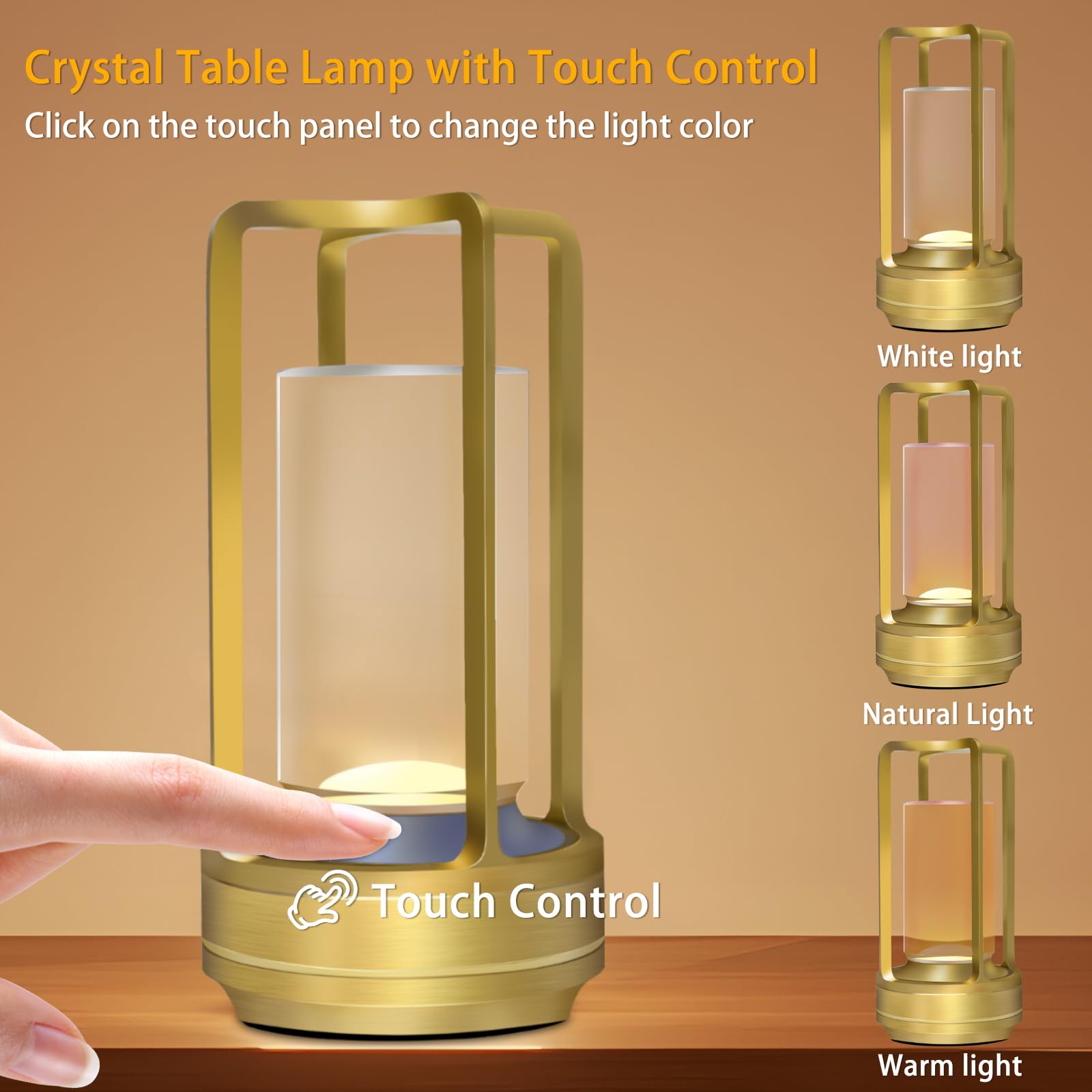 MEINV Cordless Rechargeable Table Lamp - Gold Small Crystal Lantern with Touch Control & 3 Color Dimming, Model CL001
