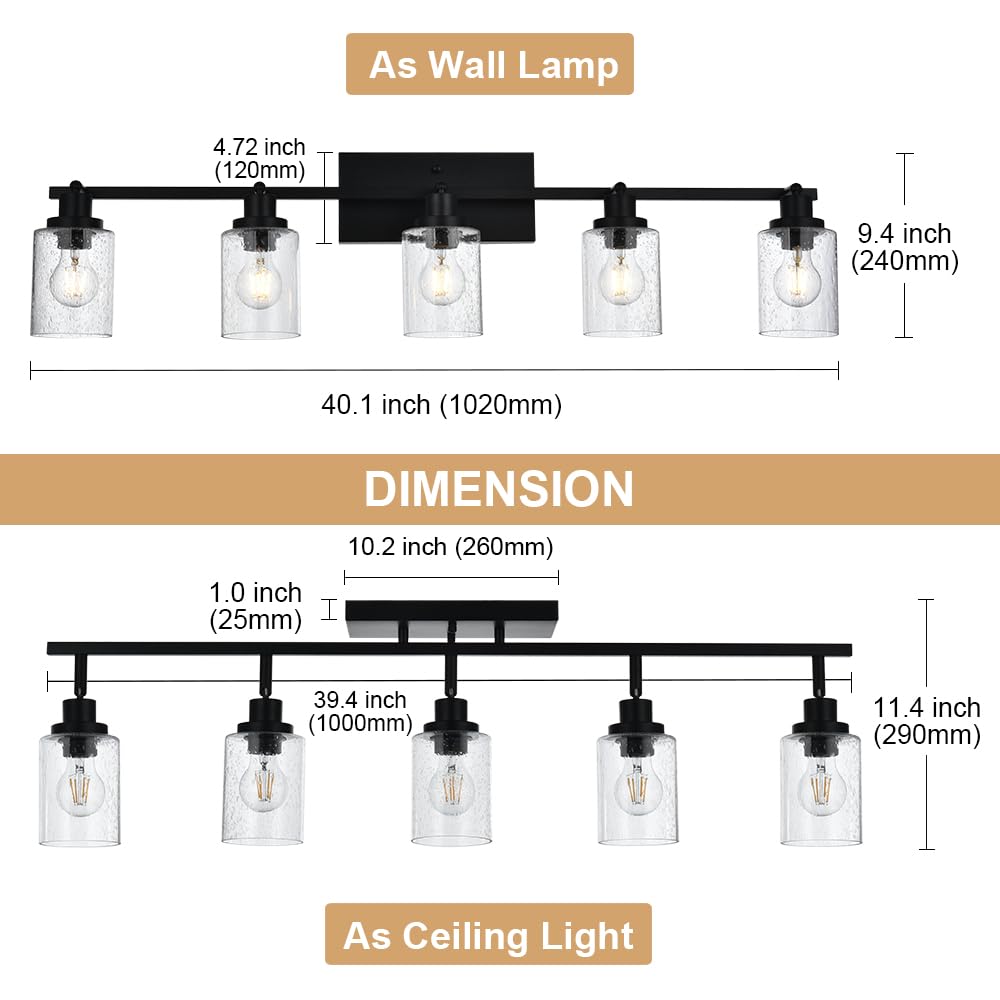 Winshen 5-Light Track Lighting Fixtures, Black Flush Mount Ceiling Light Bathroom Wall Sconce Spotlight, Seeded Glass Shade