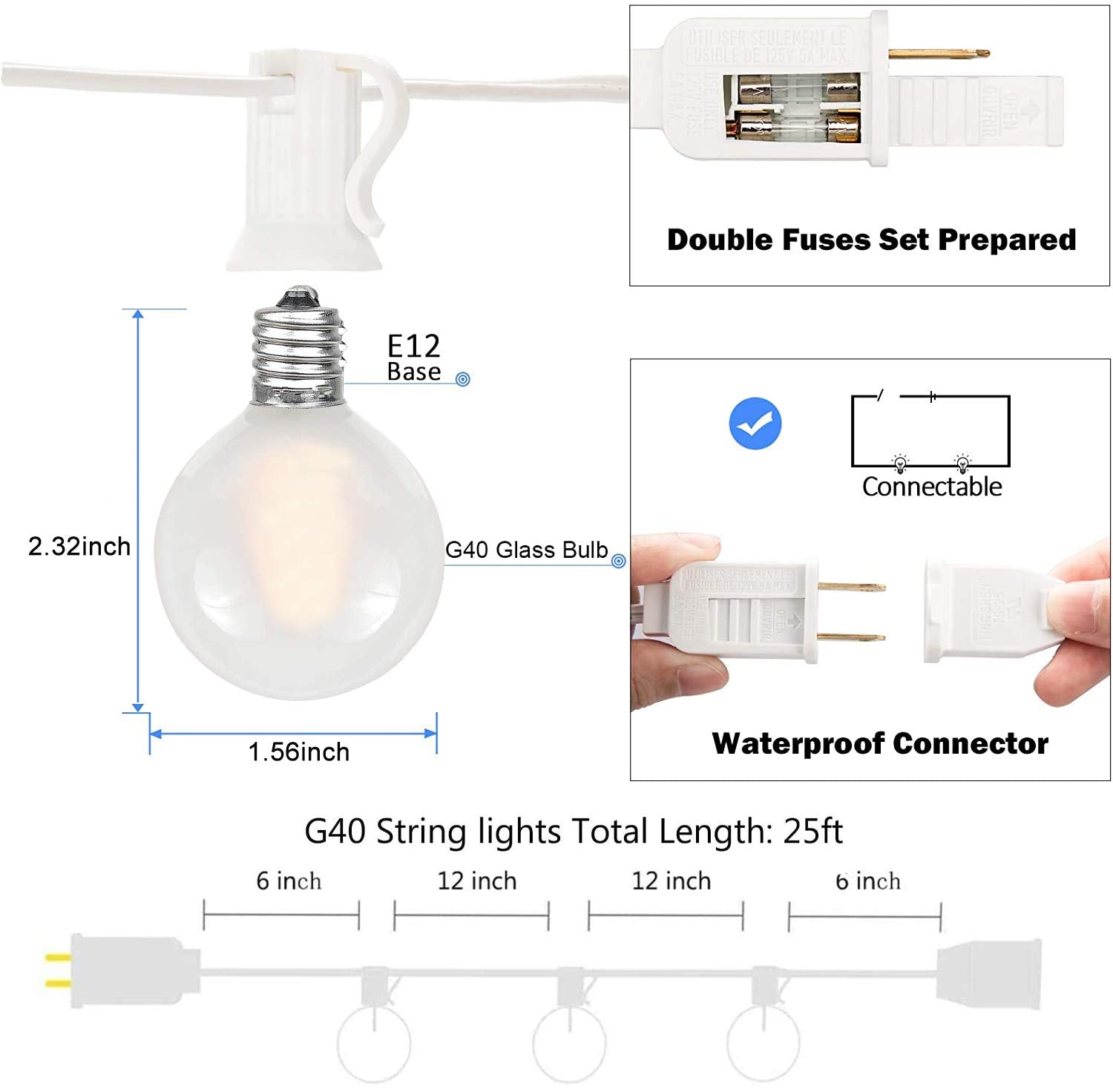 GOOTHY G40 LED String Lights - 25Ft, Frosted White, 27 Shatterproof Bulbs, Connectable Vintage Outdoor Patio Lights