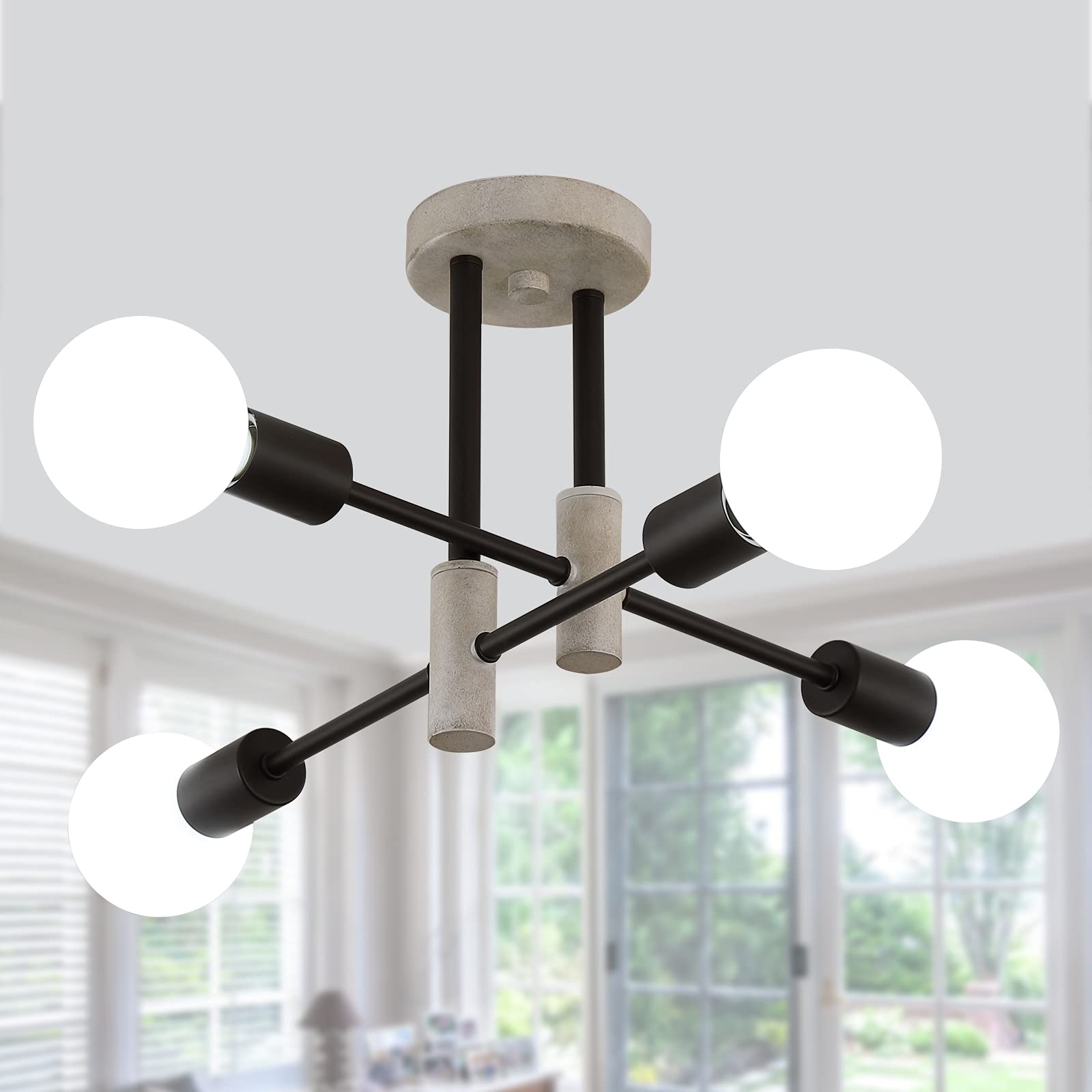 MEIXISUE Farmhouse Ceiling Light Fixtures,Oak+Black,4-Lights Rustic Vintage Metal Sputnik Chandelier for Bedroom Living Room Din
