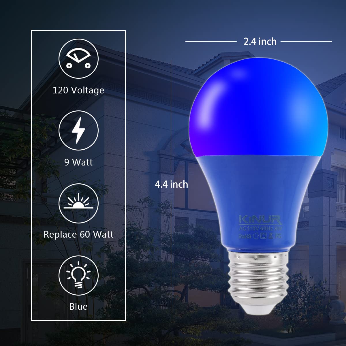 Kinur Blue Led Light Bulb, A19 9W (60W Equivalent) 120V E26 Medium Base Non-Dimmable For Christmas Party Decoration Indoor Outdo