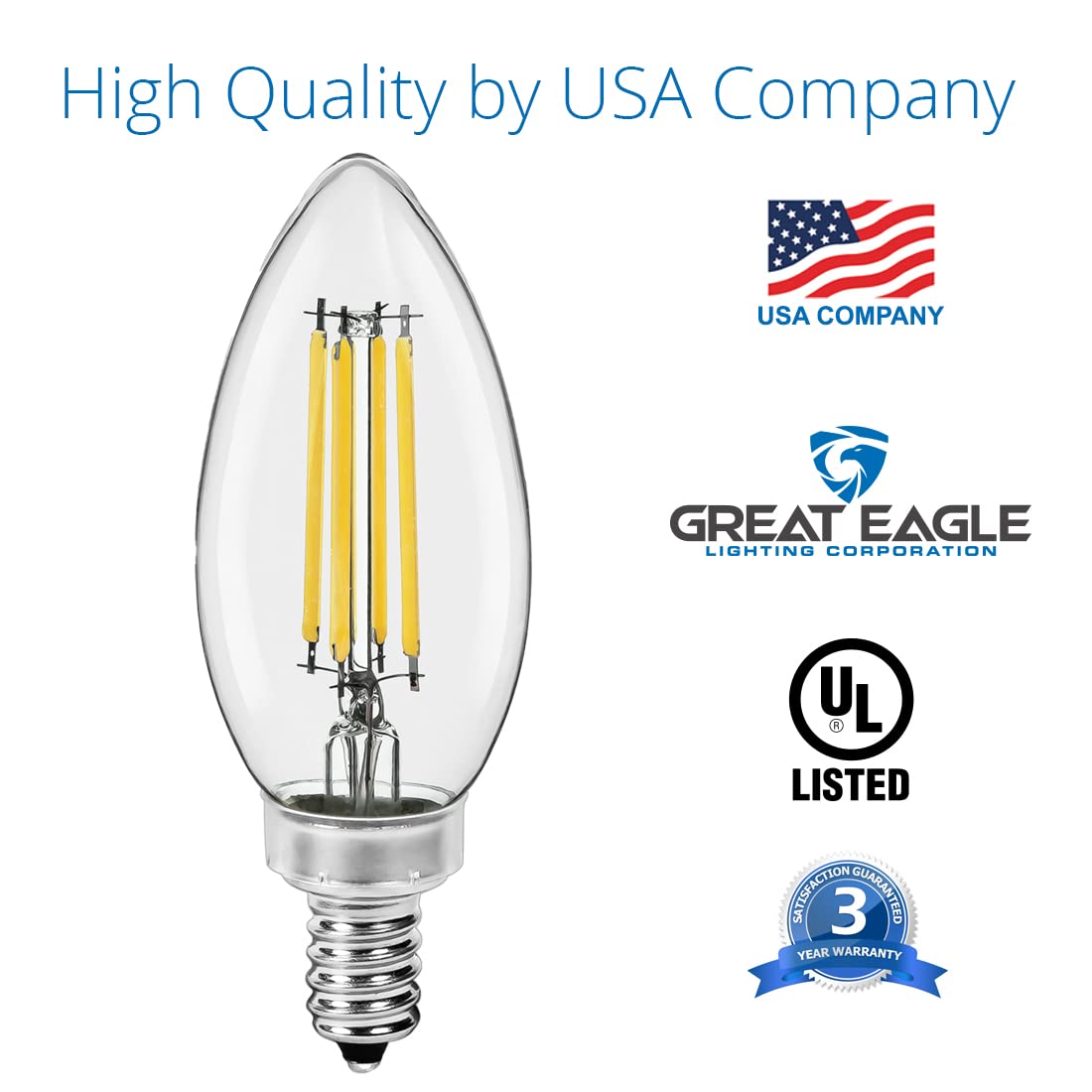 Great Eagle Lighting Candelabra B11 LED Bulbs, 60W Equivalent, 500 Lumens, Dimmable, E12, 4000K Cool White, Pack of 6