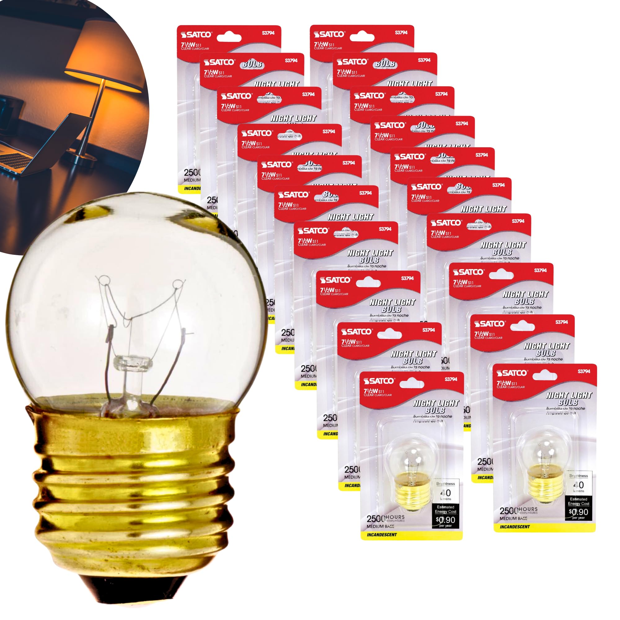 Satco S3794 S11 Incandescent Clear Light Bulbs, 7.5 Watt, 2500 Hour Life, 40 Lumens, Medium Base, 120 Volts, 20