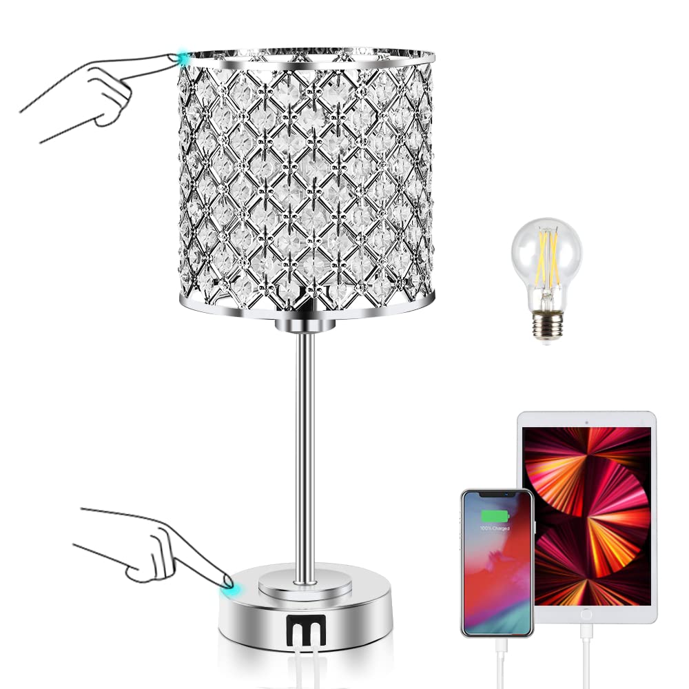 GyroVu Crystal Table Lamp - Touch Control, 3-Way Dimmable, 2 USB Ports, Modern Silver Nightstand Light with Bulbs Included