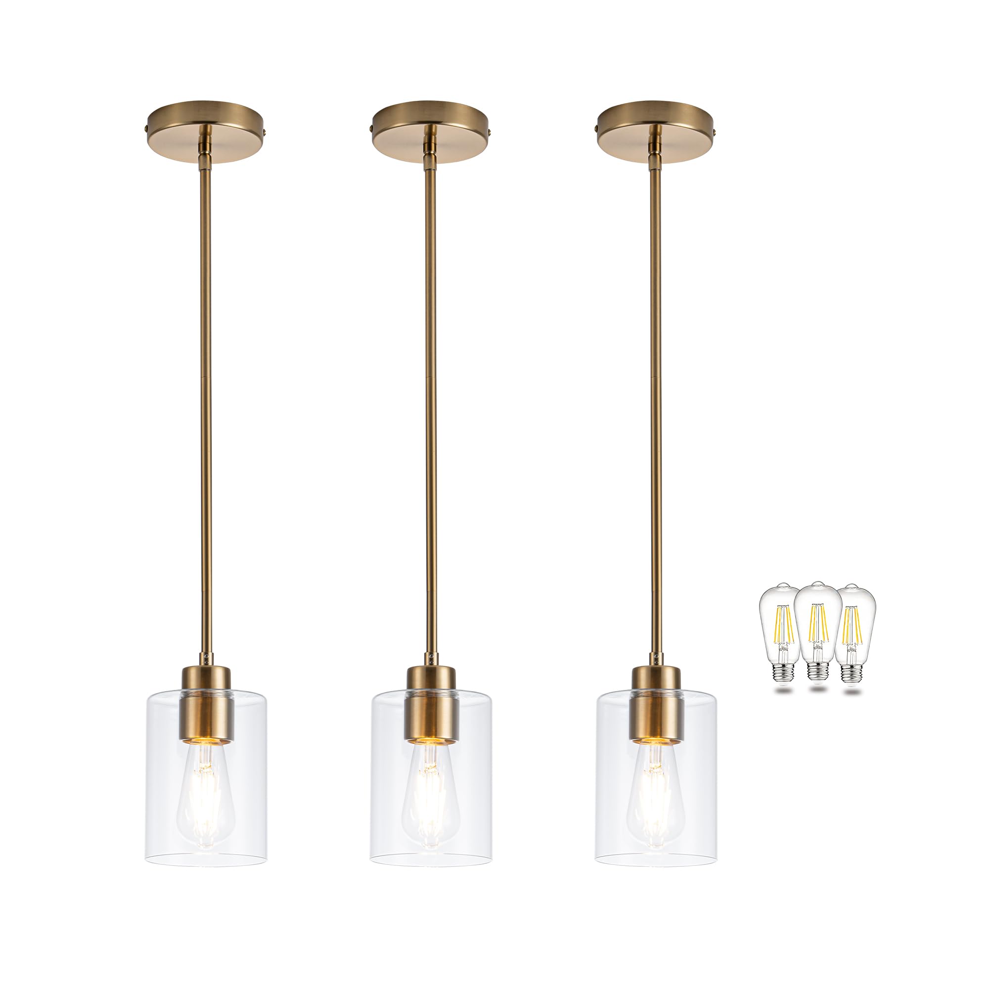 MAYNA 3 Pack Modern Kitchen Pendant Lights, Brass Pendant Lighting with Clear Glass Shade, Adjustable Height Island Lights for K