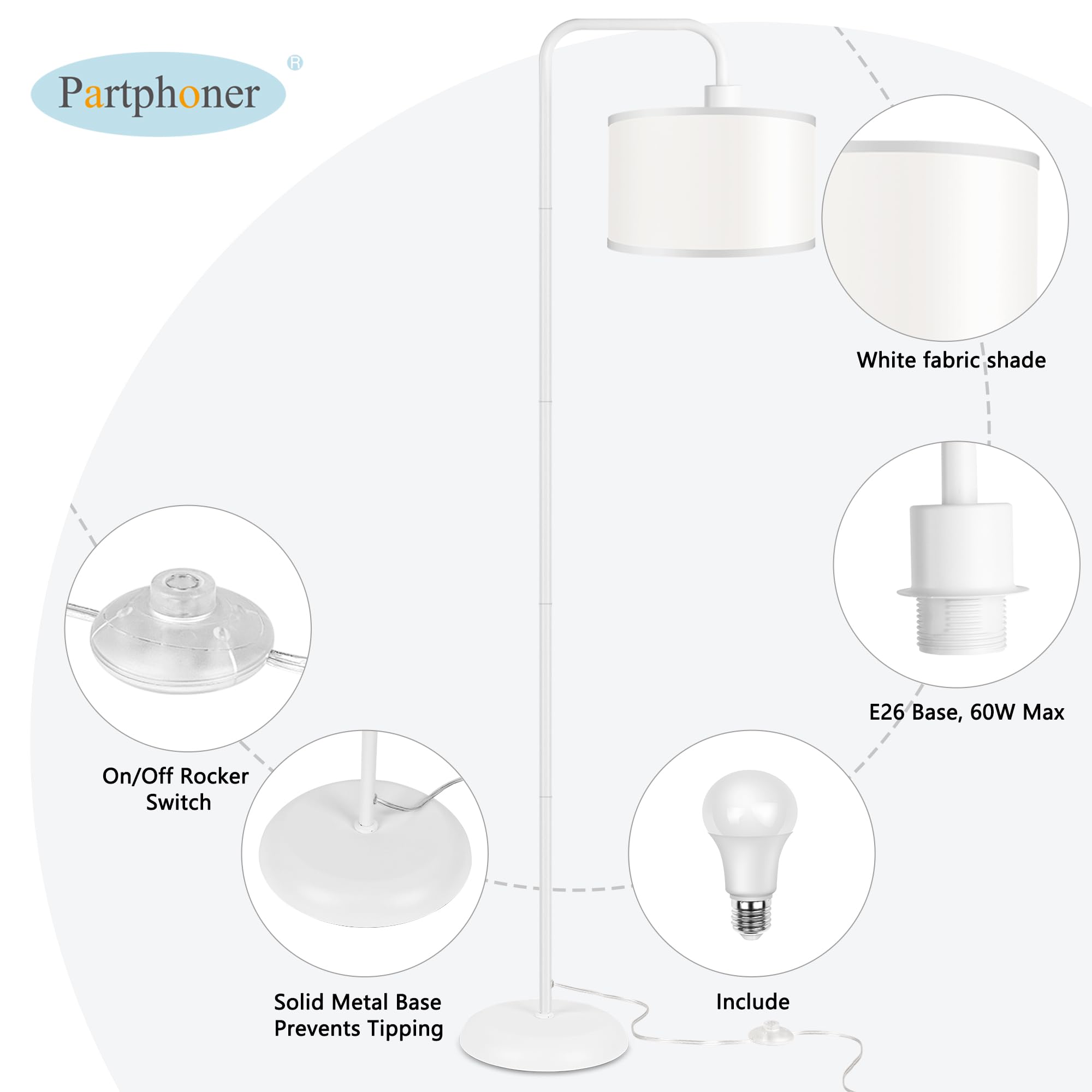 PARTPHONER LED Floor Lamp, 3 Color Temperatures, Foot Switch, Metal and Fabric, Modern Design, Model STR-FL-0162, White
