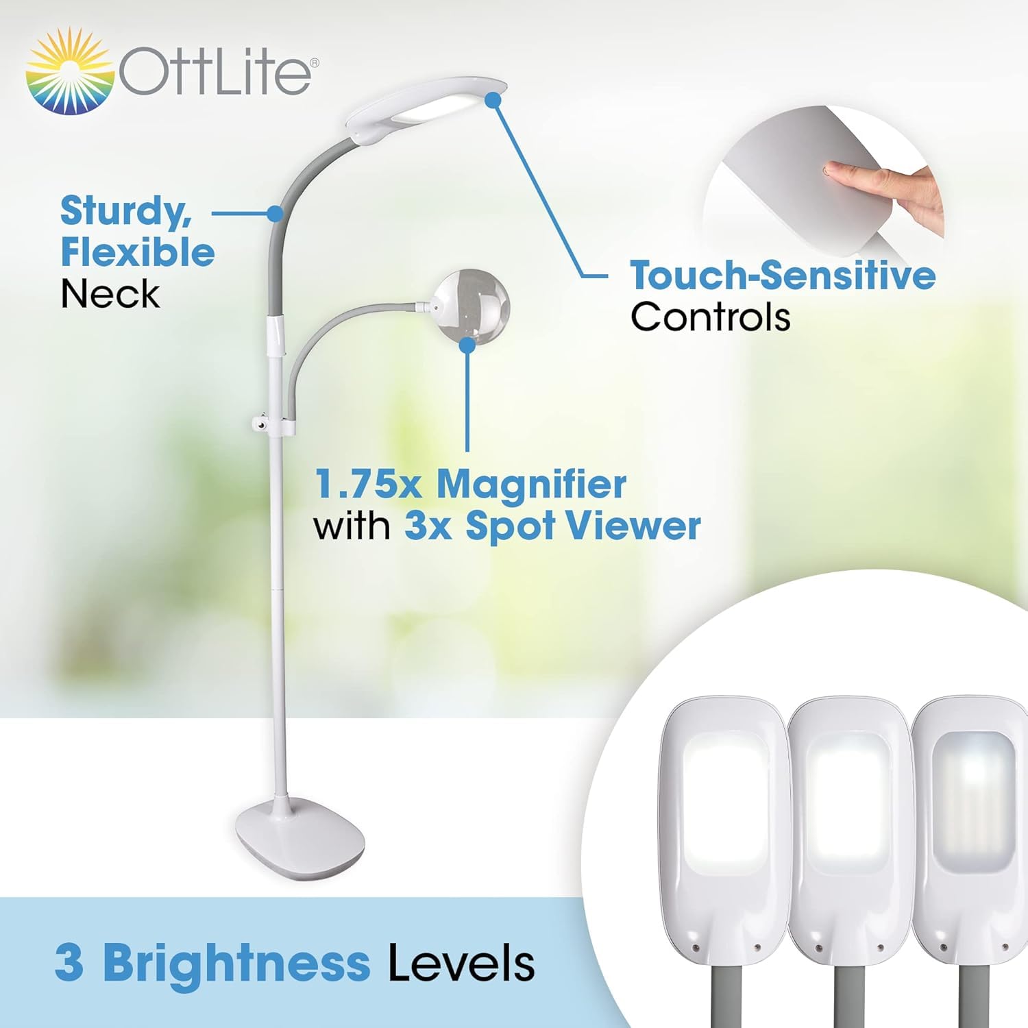 OttLite LED Floor Lamp with Magnifier - ClearSun Technology, 3 Brightness Settings, Adjustable Arm - Large, White, Model CSP57WGC-SHPR