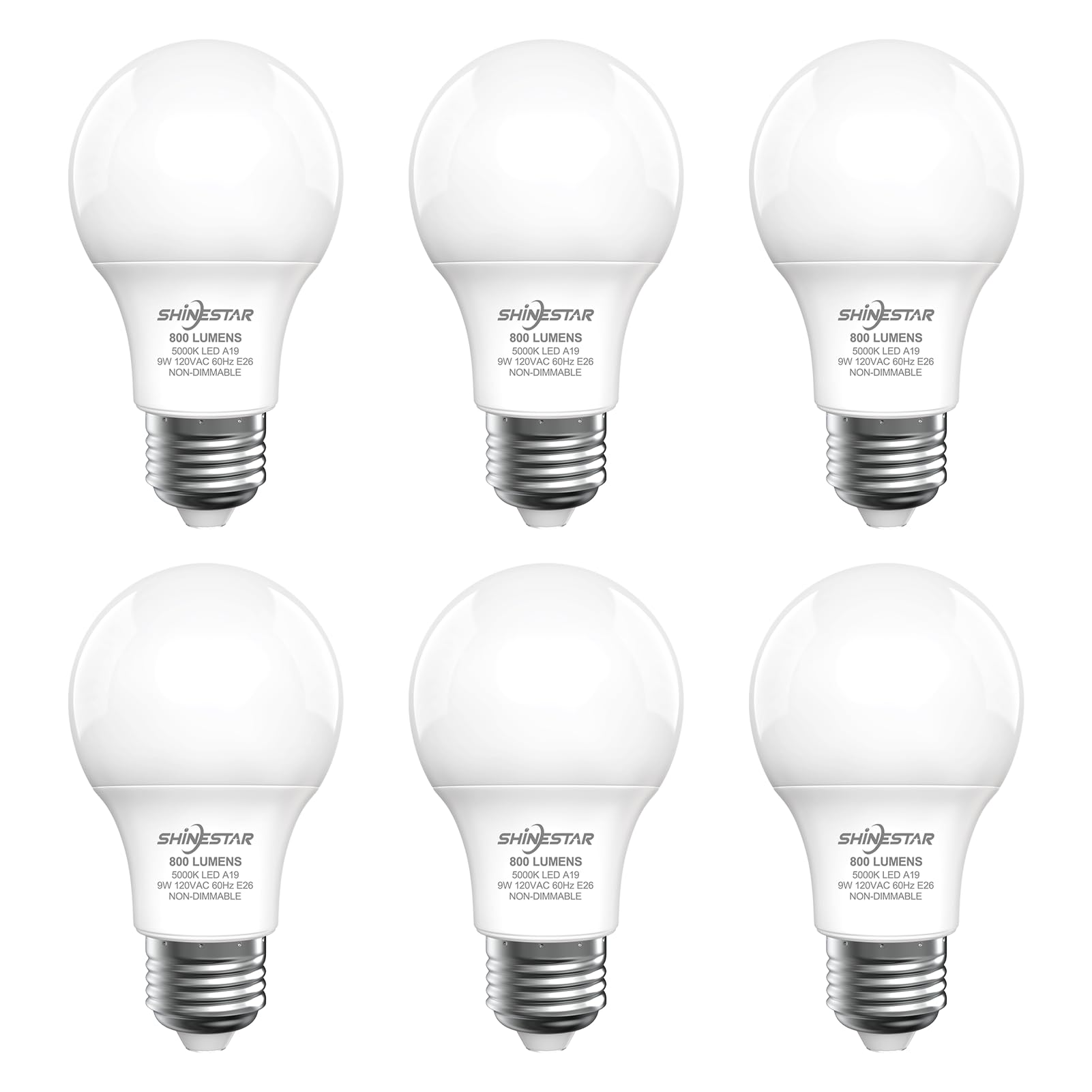 Shinestar A19 Led Light Bulb, 60 Watt Light Bulbs 5000K Daylight White, E26 Standard Base, Non-Dimmable, 6-Pack