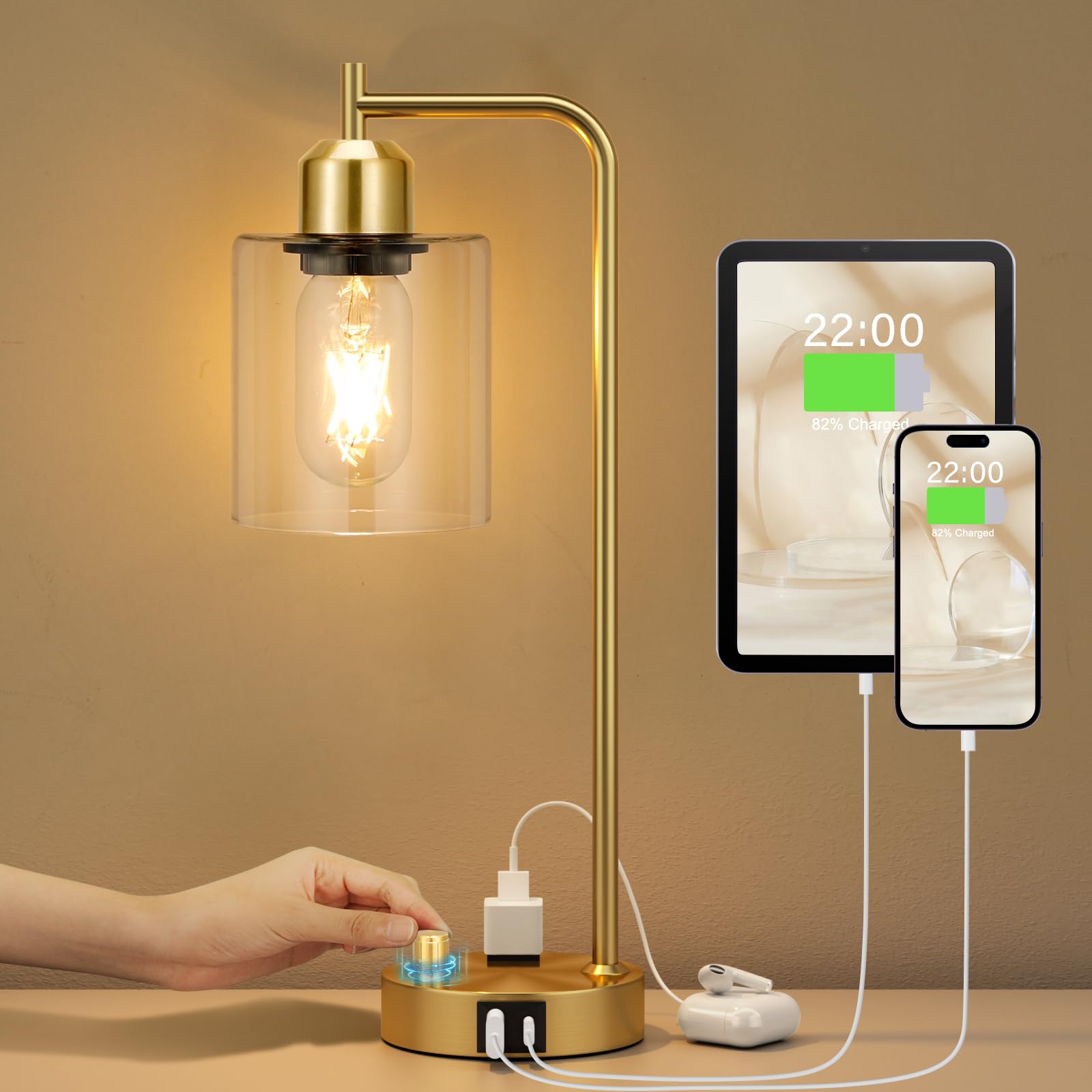 Innqoo Gold Table Lamp For Bedroom - Industrial Bedside Lamp With Usb Port And Outlet, Fully Dimmable Nightstand Lamp With Clear