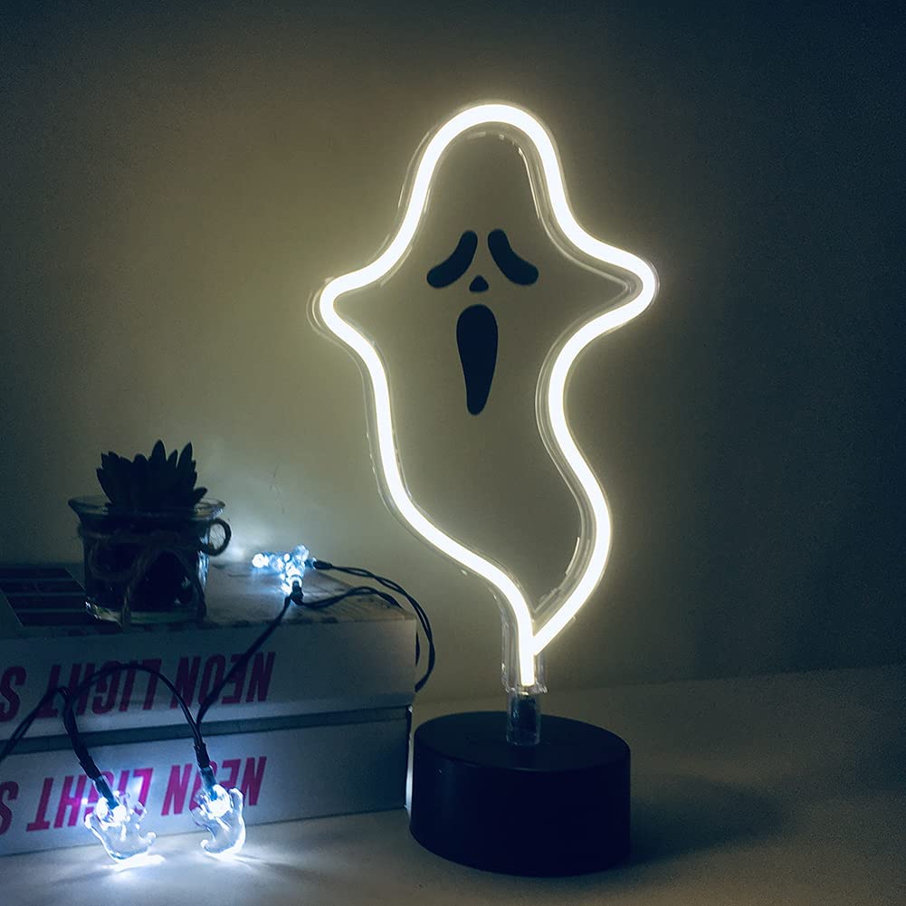 Halloween D  cor Cute Ghost Neon Sign, Spooky White Ghost Table Decor, USB or Battery Powered Halloween Neon Light for Bedoom,Ki