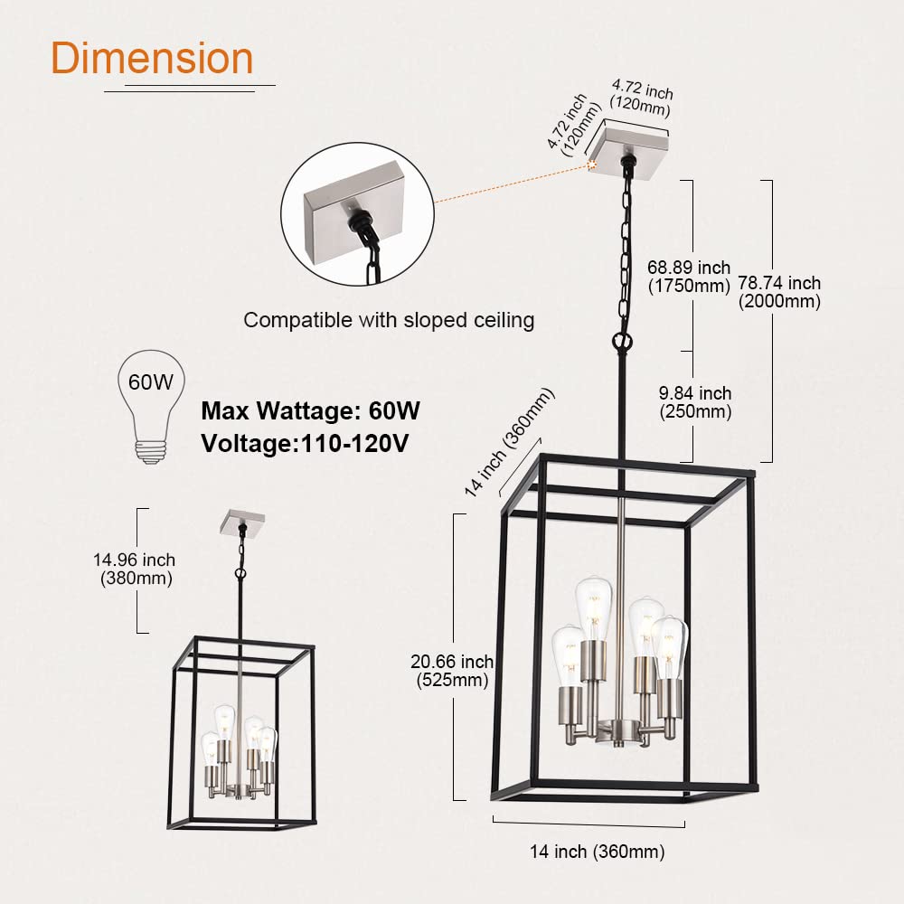 VINLUZ 4-Light Lantern Chandelier, Metal, Black & Nickel, Industrial Farmhouse Pendant Lighting, Model 270-4BS, for Dining Room & Kitchen Island