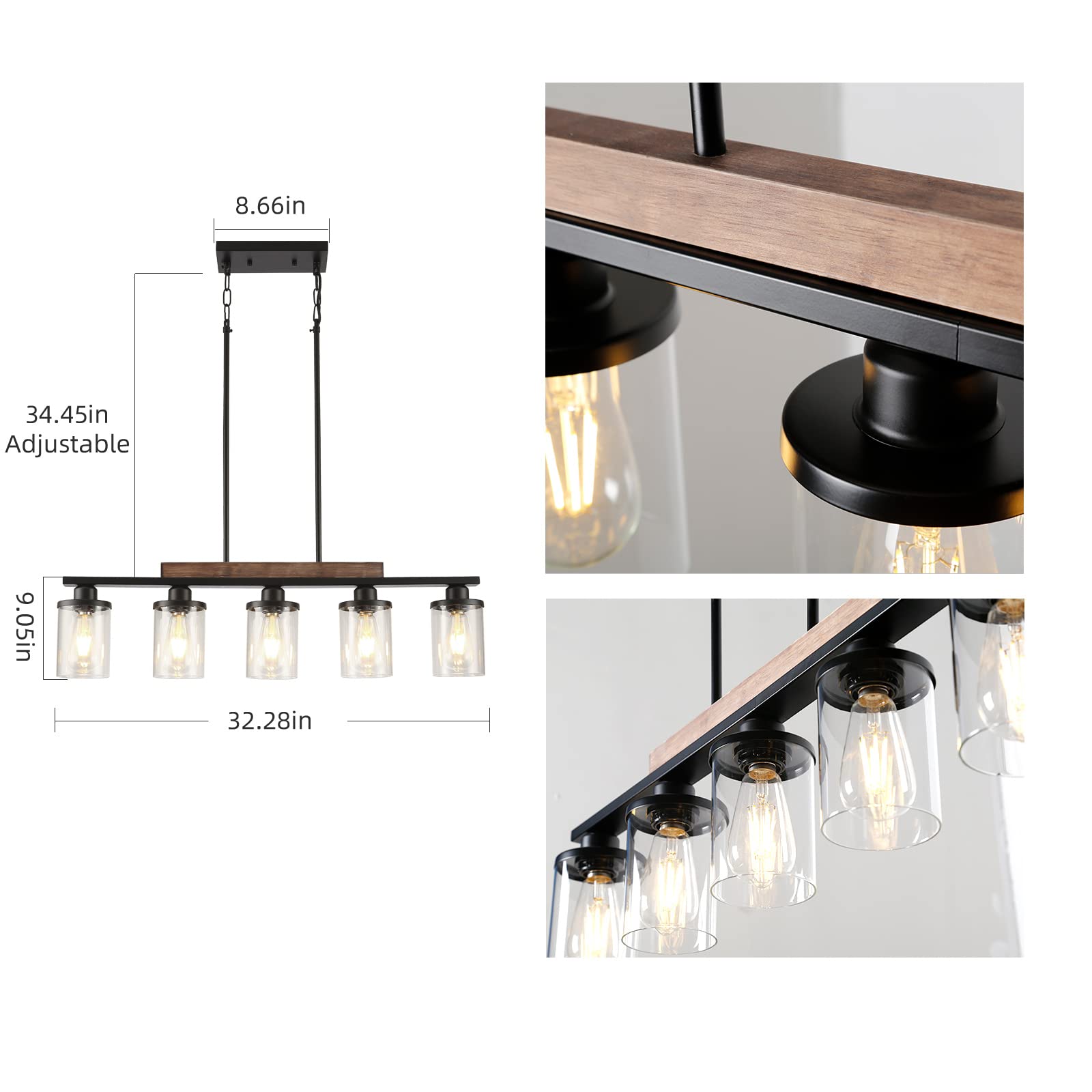 Feohak Dining Room Light Fixture,5-Light Kitchen Island Lighting Farmhouse Chandelier,Matte Black Metal Wood Industrial Pendant