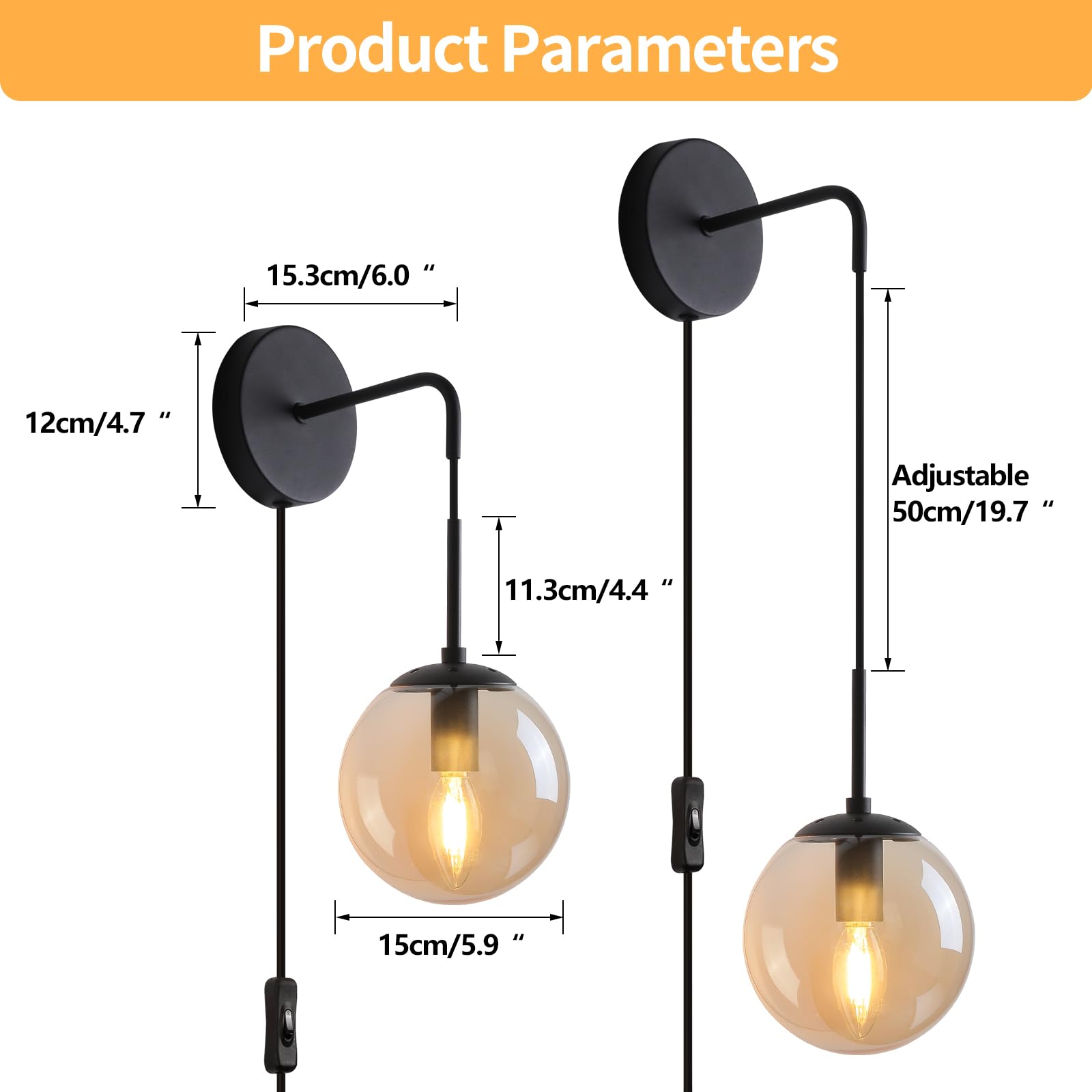 Wall Sconces Set Of Two Matte Black ?????? Wall Lights For Bedroom Plug In Wall Sconces Set Of 2 With Globe Amber Glass Shade In