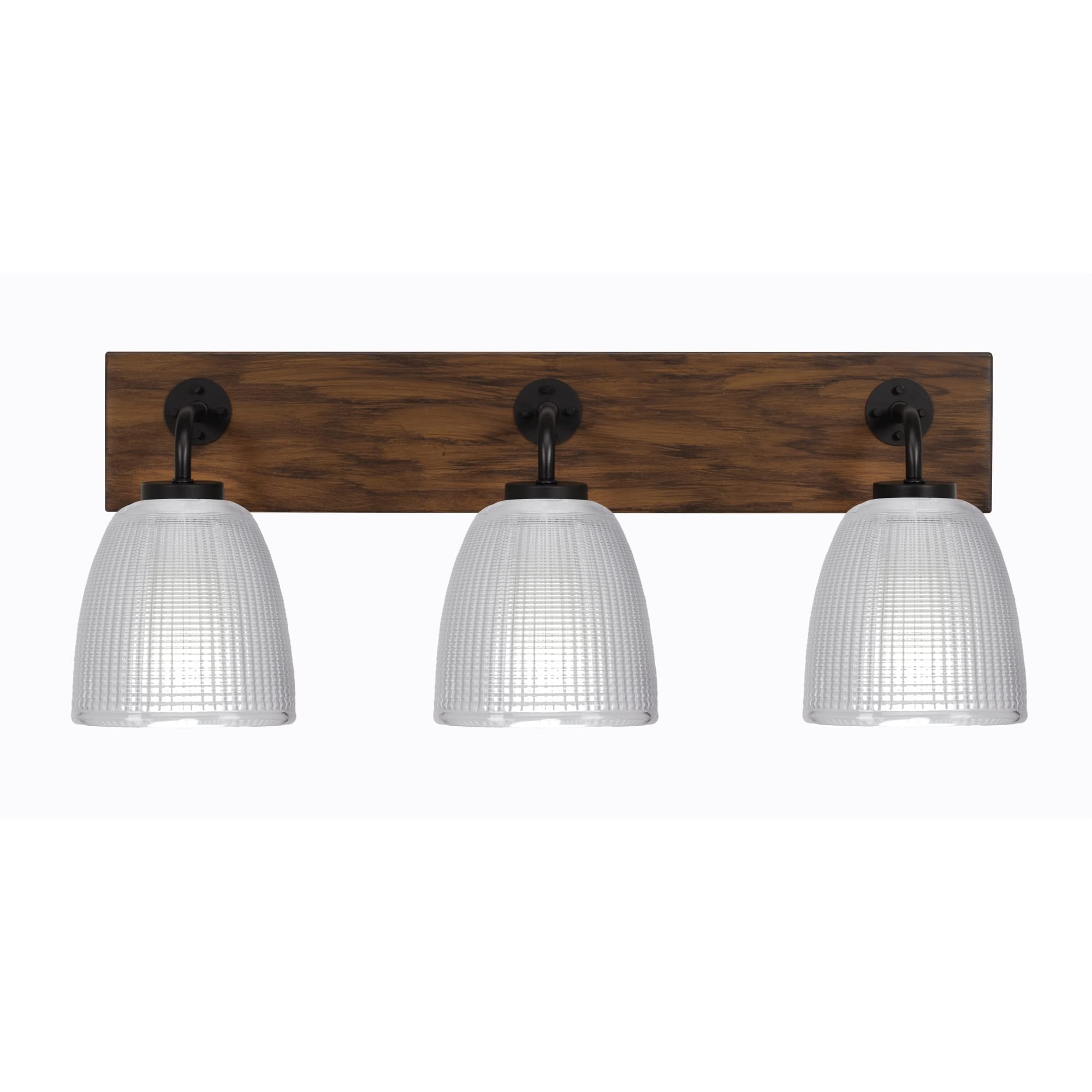 Oxbridge 3 Light Bath Bar In Matte Black & Painted Wood-Look Metal Finish With 5" Clear Ribbed Glass