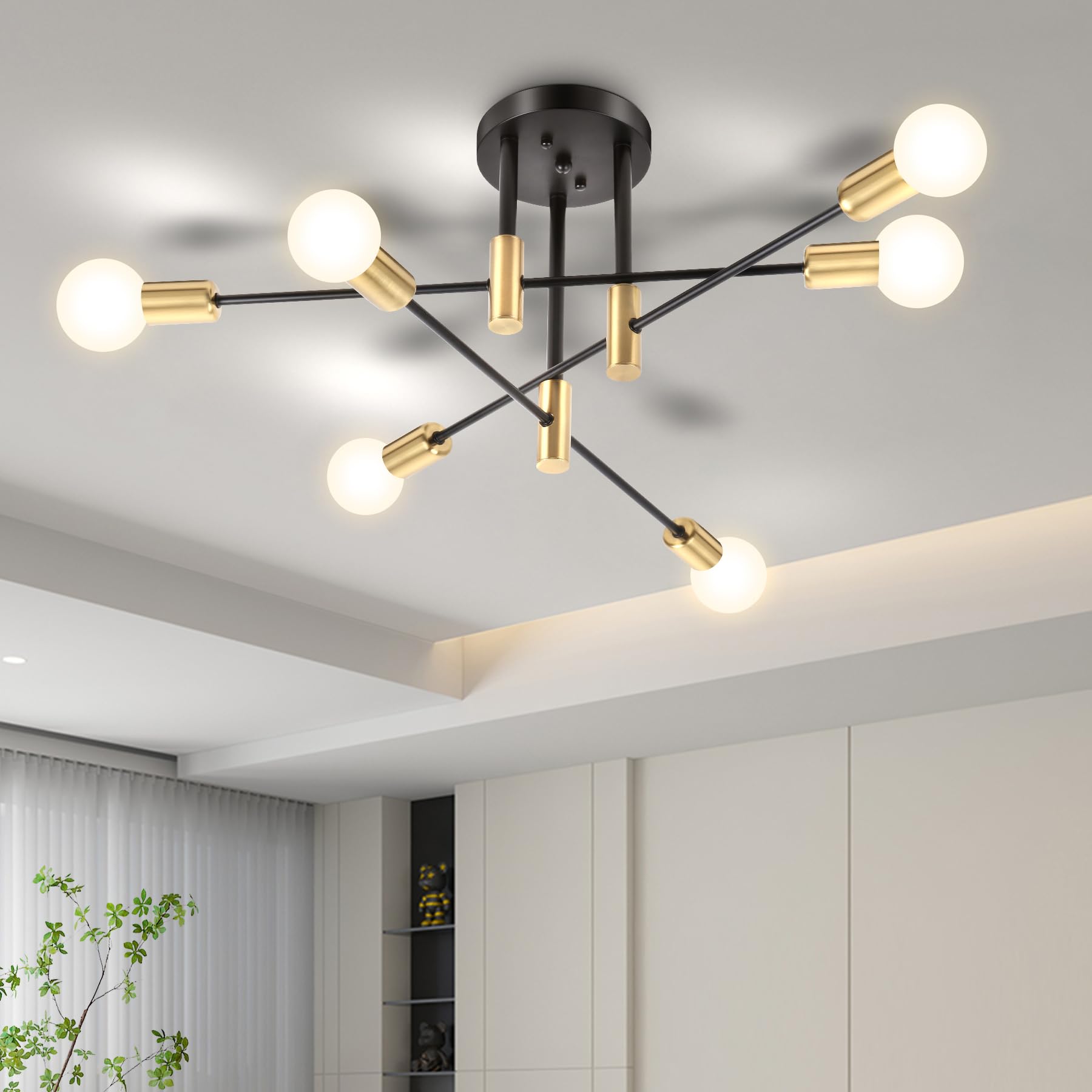 CANMEIJIA Modern Modern Sputnik Chandelier  Industrial Black Gold Ceiling Light Fixture 6-Light Pendant Light Fixture for Kitchen Island Bedroom Dining Room Living Room