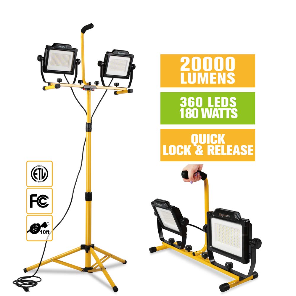 Dayatech 180W 20000 Lumen Dual-Head Led Work Light With Metal Telescopic Tripod Stand,10 Ft Power Cord