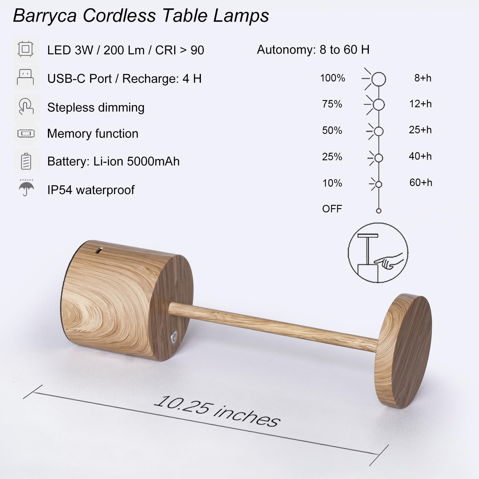 Barryca Cordless Rechargeable Table Lamp - Ip54 Waterproof 3-Color Dimmable 5000Mah Battery Usb Portable Led Light For Outdoor P