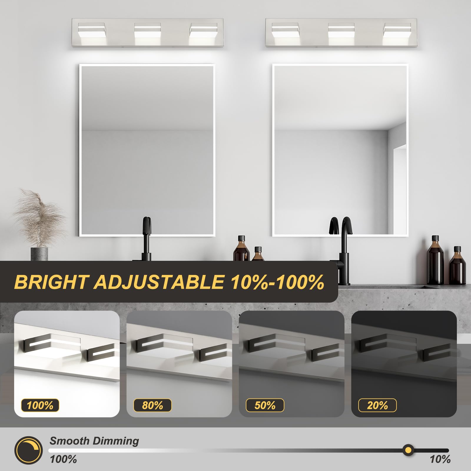 Okeli 3 Light Bathroom Vanity Light Brushed Nickel Modern 24W Led Dimmable Vanity Light Over Mirror 350 Adjustable Lamp Head Col