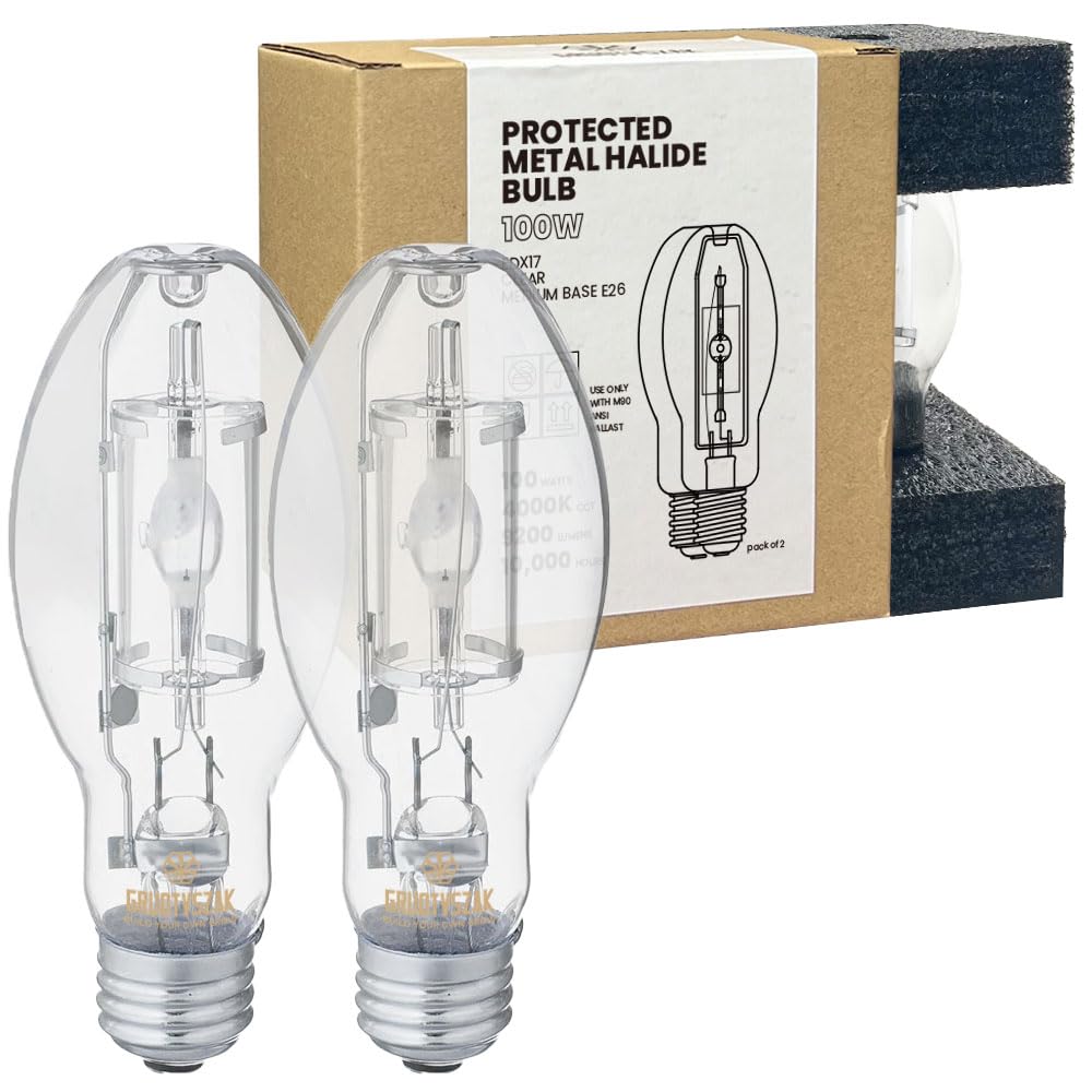 Gruotvszak Protected Mp100/U/Med 100 Watt Metal Halide Edx17, Medium Base(E26), Dusk To Dawn Bulb, 4000K, 9200 Lumen, Ansi Code 