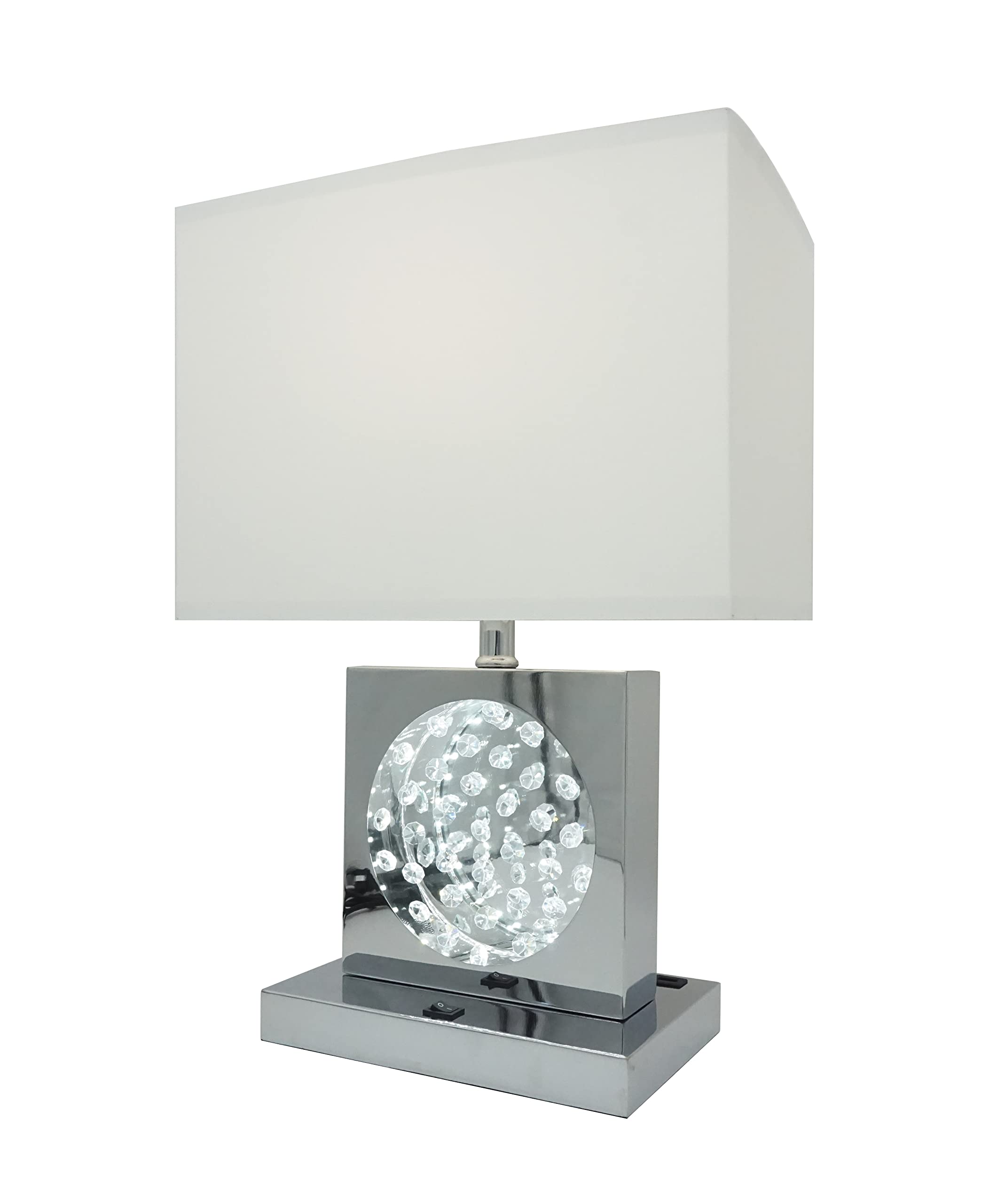 SH Lighting LED Table Lamp, 22in Tall, Crystal Decor, USB Port, Power Outlet, Chrome Finish, Model 6380
