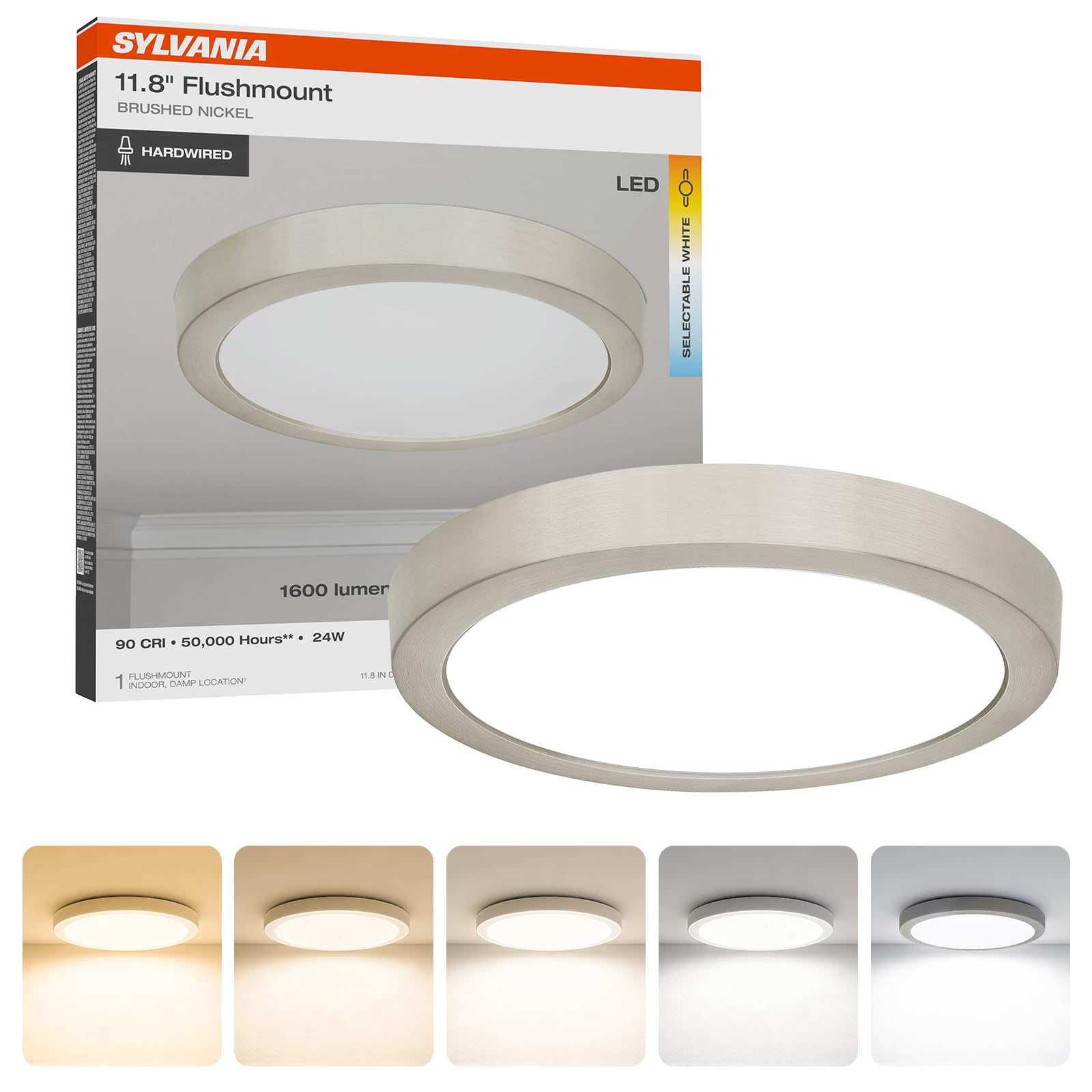 Sylvania 12 LED Flush Mount Ceiling Light Fixture, 24W, 5 Color Select (2700K - 5000K), 1600 LMS, Hardwired, Brushed Nickel, LED