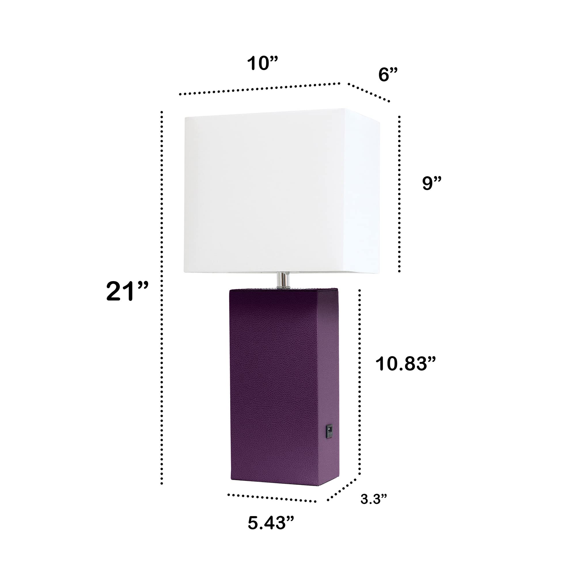 LALIA HOME Lexington 21in Leather Base Bedside Table Lamp, USB Charging Port, Eggplant Purple, Model LHT-3012