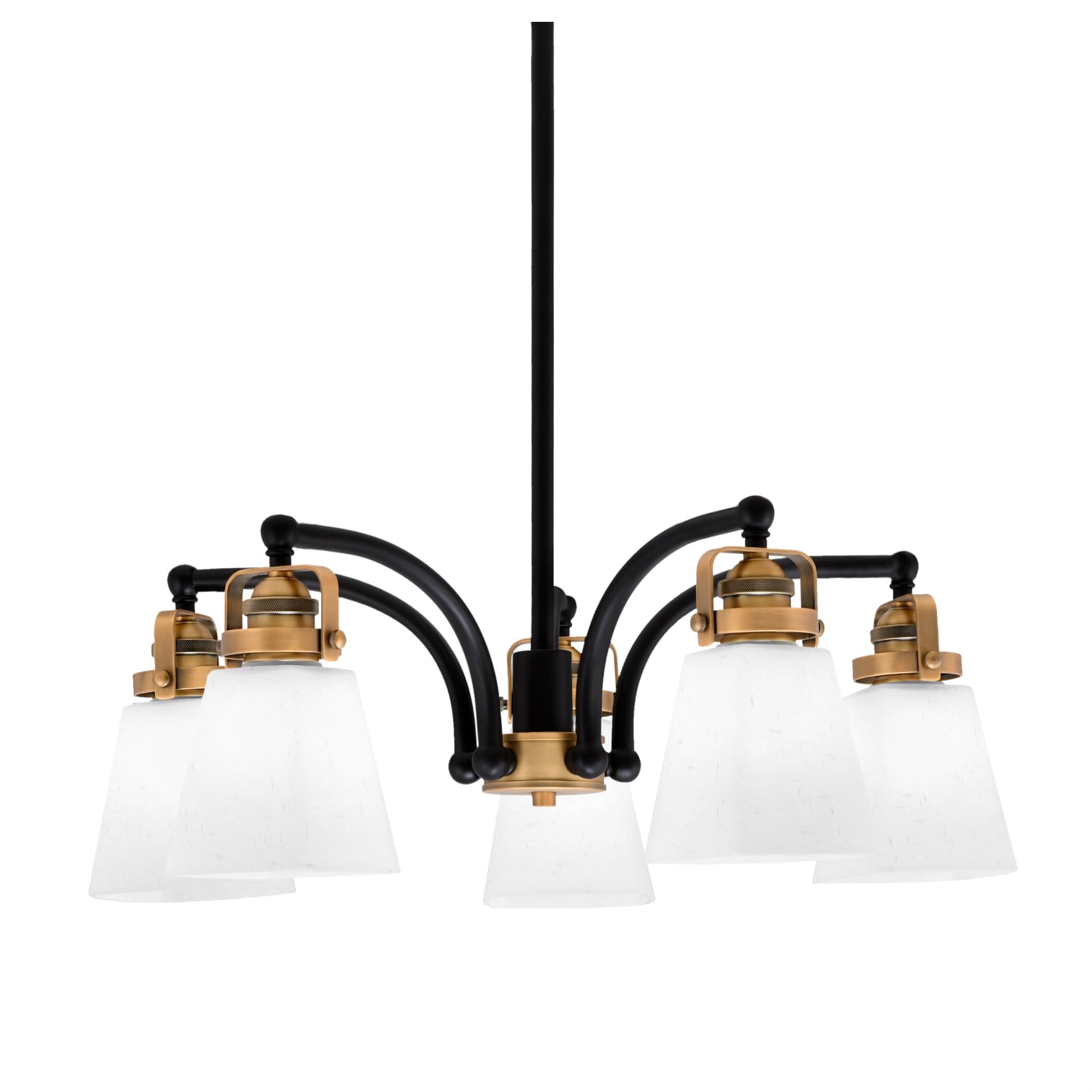 Easton Downlight, 5 Light, Chandelier Shown In Matte Black & Brass Finish With 4.5&quot; Square White Muslin Glass