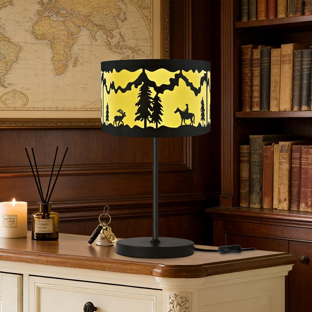 YLTLINK Rustic Farmhouse Table Lamp,20 Inch Black Bedside Lamp,Painted Lampshade (Tree, Deer, Horse, Person), E26 Base,Button Sw