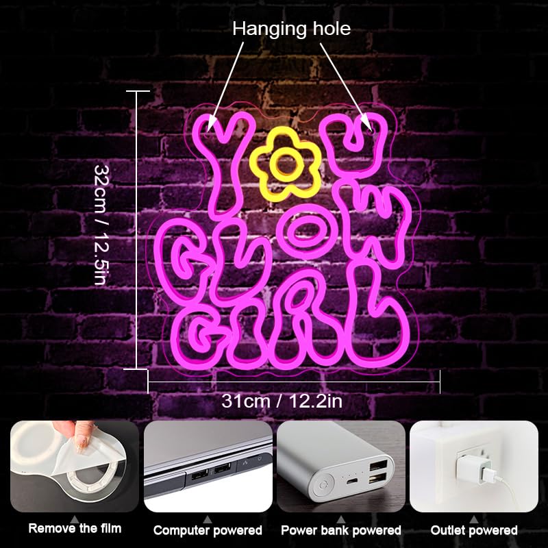 WLHOPE Neon Sign - You Glow Girl LED Light for Wall Decor, 12.2x12.5 inches, Pink, Ideal for Bedroom, Bar, Club, Wedding, Birthday Party
