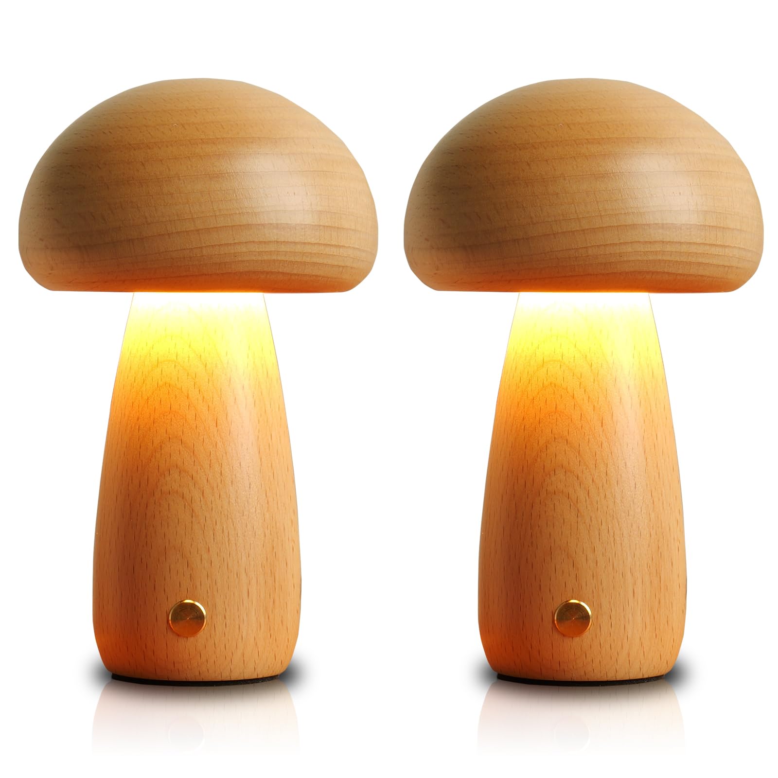 LONRISWAY 2 Pack Wooden Mushroom Lamp  Portable Cordless Touch Switch Small Rechargeable Battery Operated Lamp Stepless Dimming 