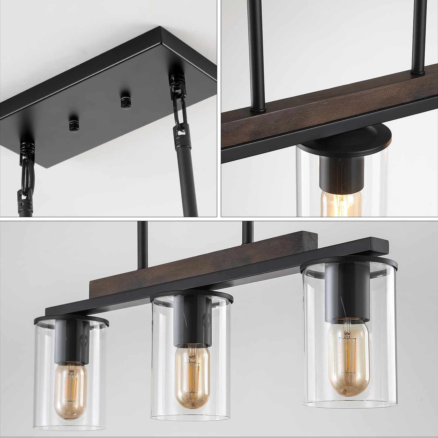 Mecgirn Farmhouse Dining Room Light Fixtures Over Table  Black Pendant Lights For Kitchen Island  3 Light Linear Chandelier Lighting With Wood