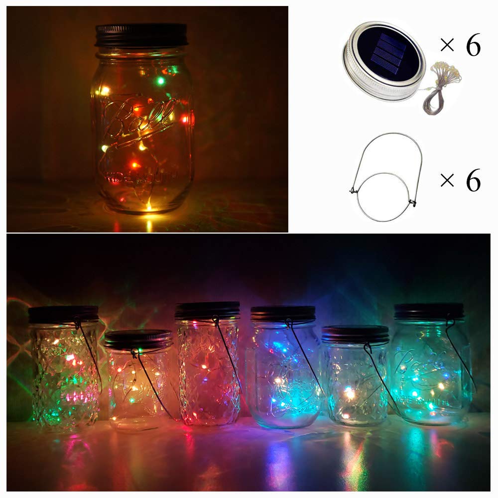 Cynzia Solar Mason Jar Lights, 10 LED String Lights, Waterproof, 6 Pack, 5 Colors, No Jars Included, Garden Decor