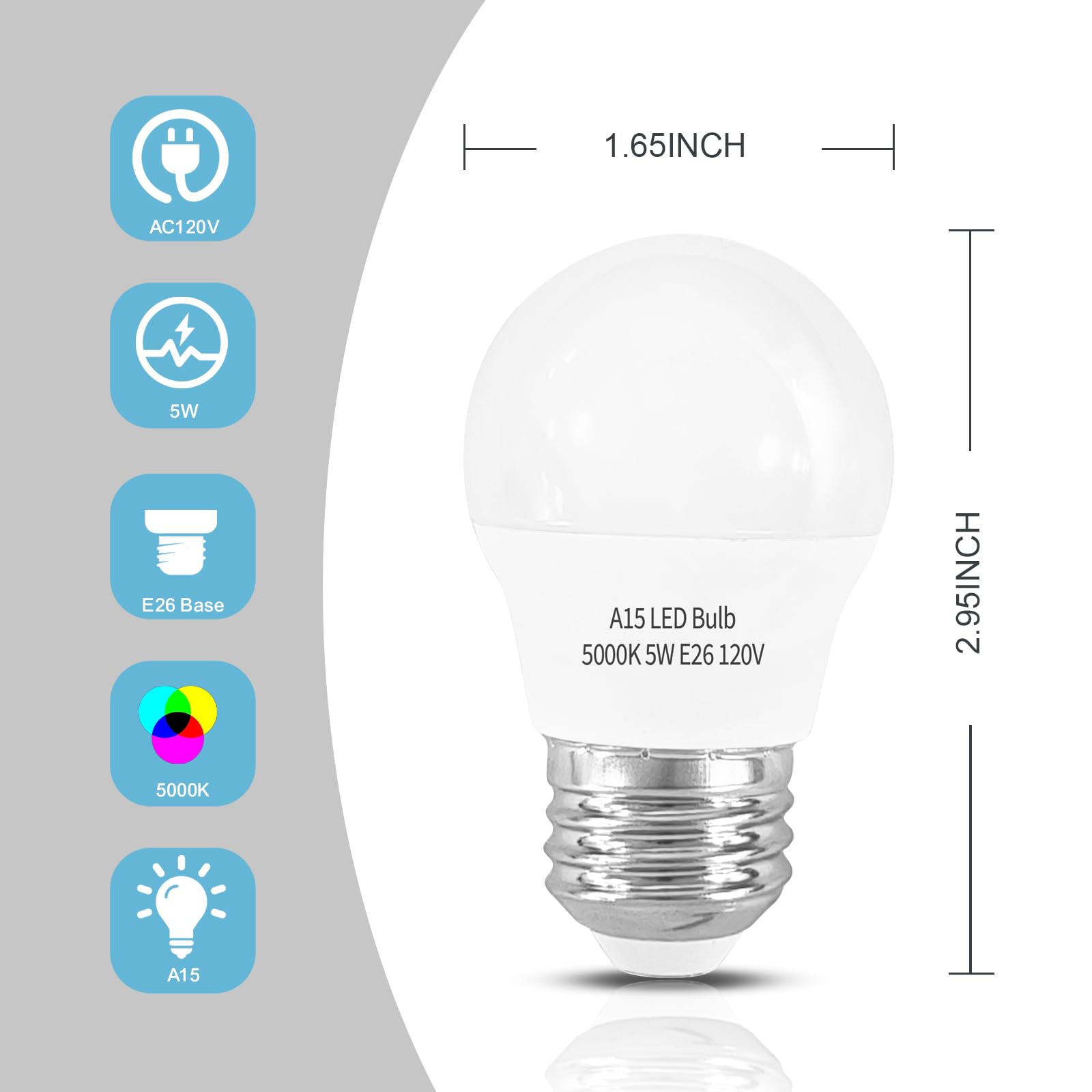 LOXYEE LED Refrigerator Light Bulb 2 Pack, Dimmable A15 5W E26 Base, Waterproof 5000K Daylight White, Model BXD-001