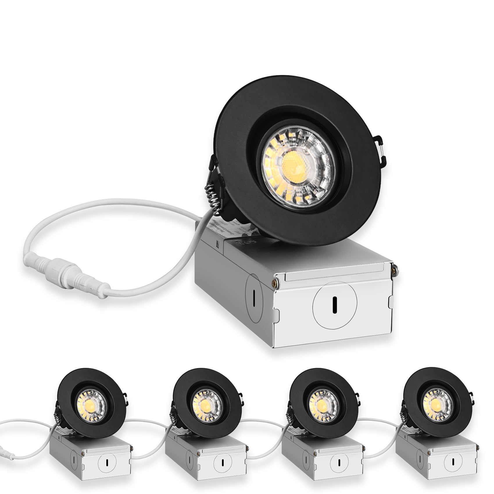 ZYC 3 Inch Recessed LED Lights, 4 Pack Black Gimbal Lighting, ETL Listed, 5CCT Downlight, Aluminum, Model G-BW-3R