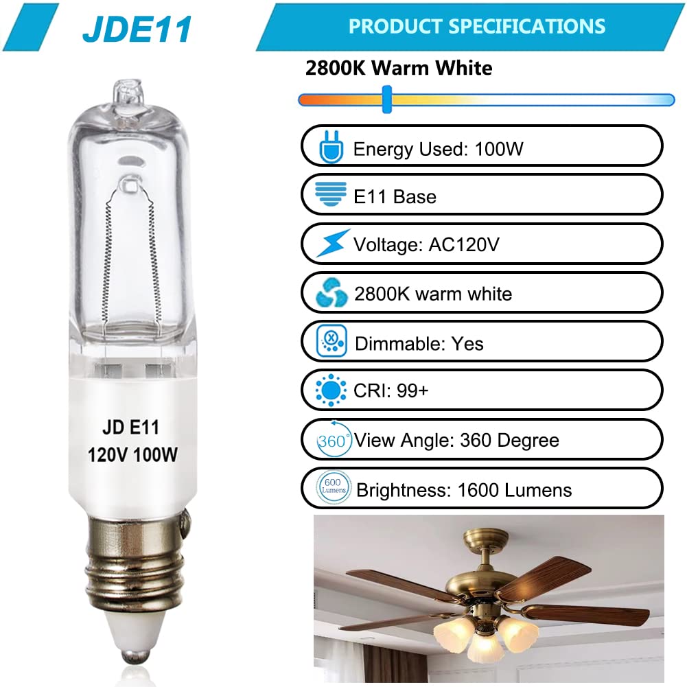 XBOCMY Halogen Light Bulbs 120V 100W 1600lm Warm White 4 Pack JDE11 Mini Candelabra Base