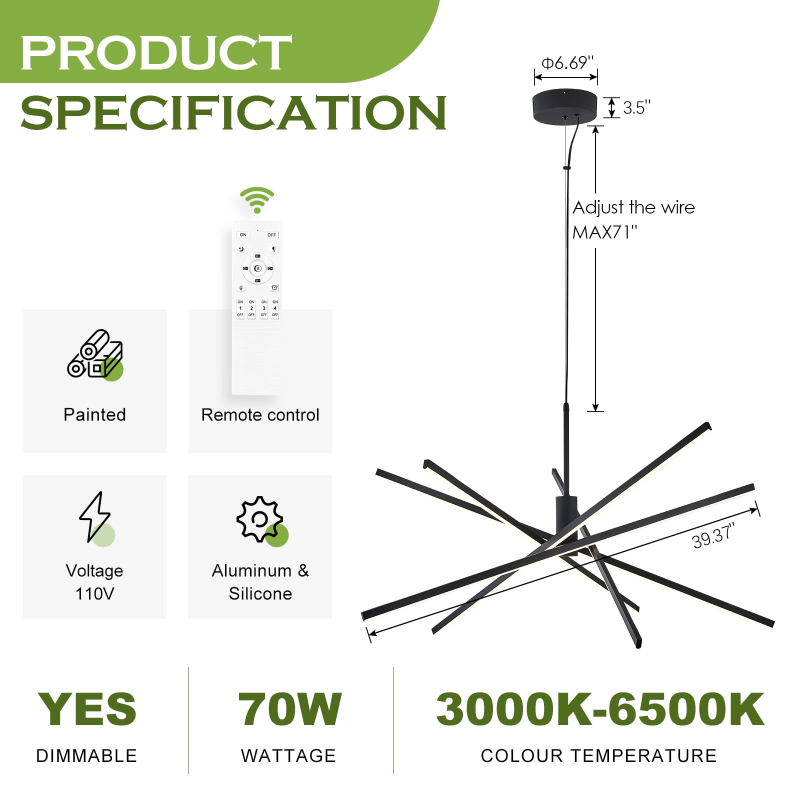 Benkut Gold LED Chandelier Dimmable Modern Pendant Light Fixture 35 Remote Control 60W 3000K-6500K for Dining Room, Living Room,